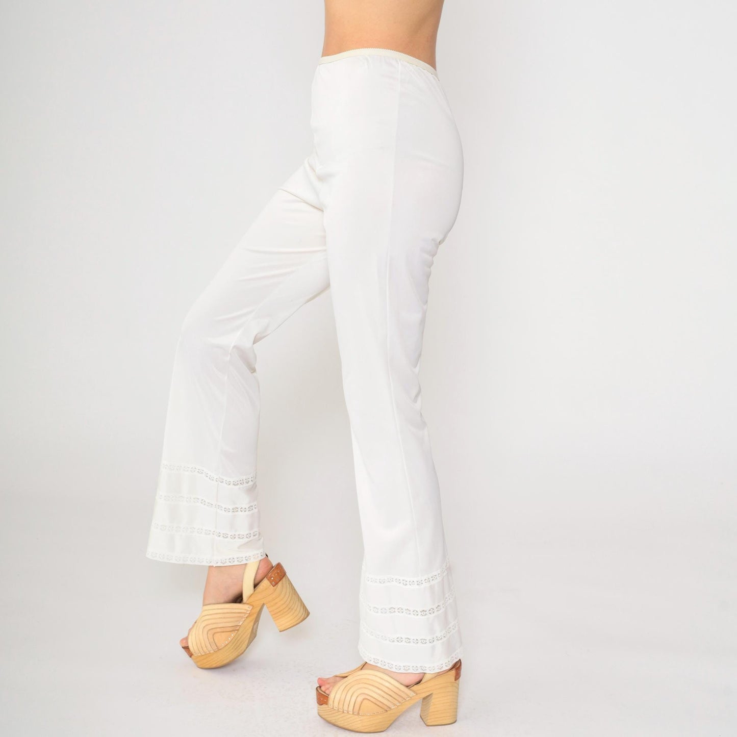 70s Gossara Artemis White Nylon Flared Lounge Pants Lace Trim Small