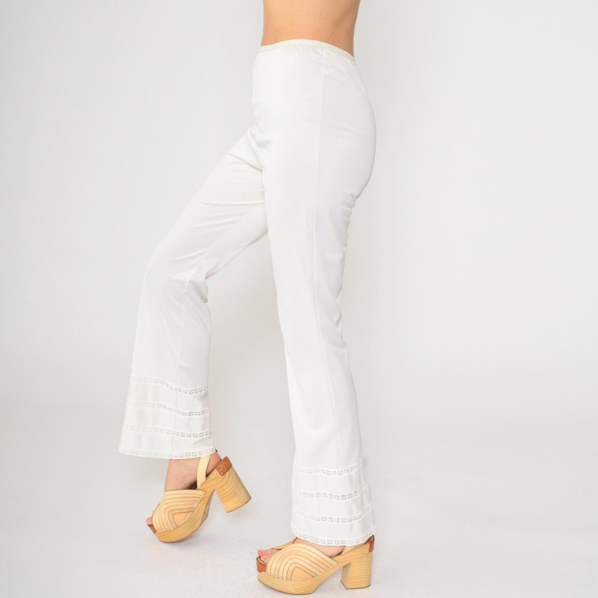 70s Gossara Artemis White Nylon Flared Lounge Pants Lace Trim Small