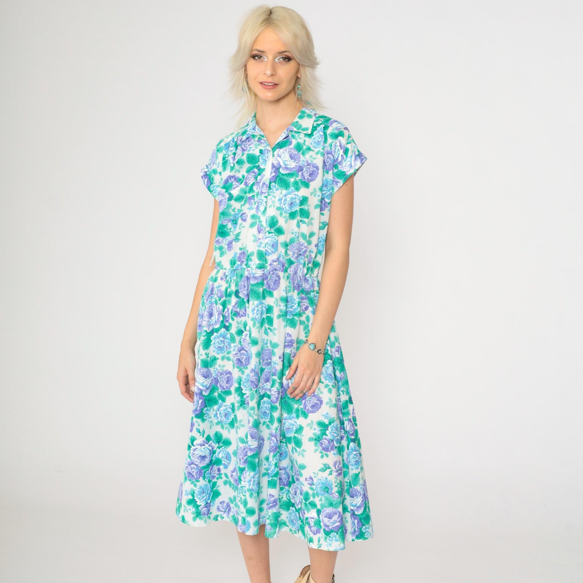 80s Floral Midi Dress Purple Rose Print High Waist Button Up Cap Sleeve Medium