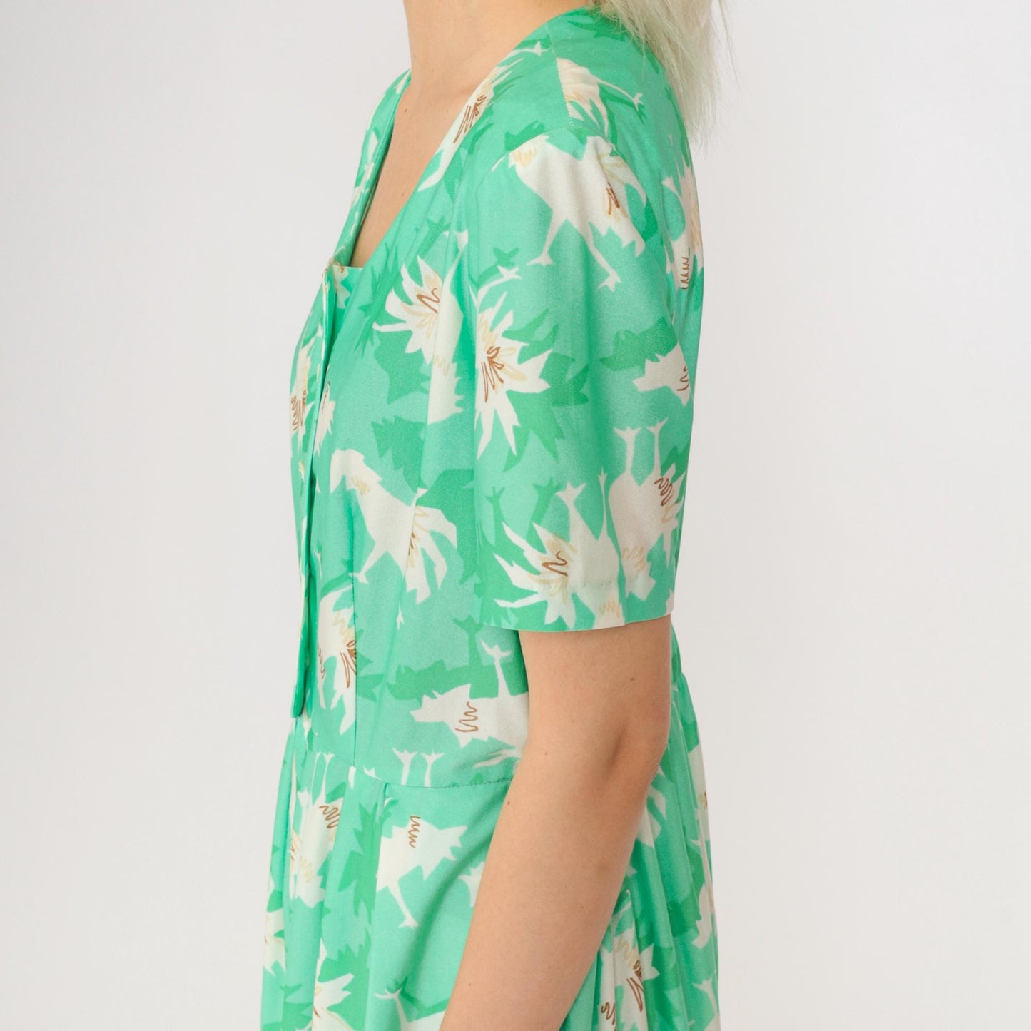 70s Abstract Chicken Print Midi Jumpsuit Green Button-Up Shirtdress Medium