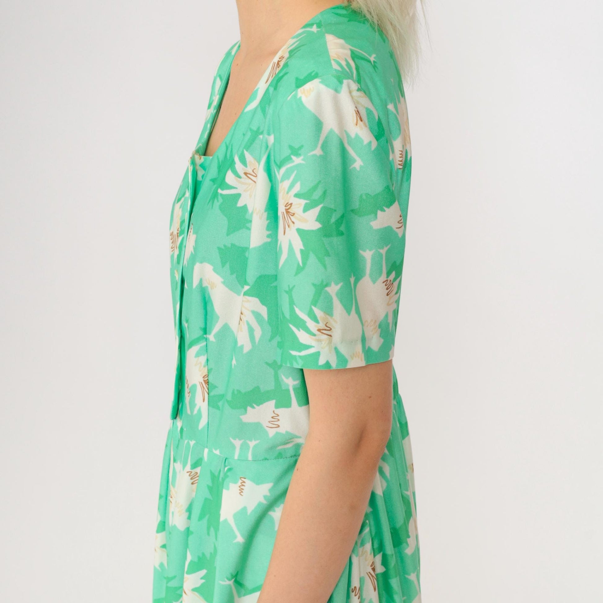 70s Abstract Chicken Print Midi Jumpsuit Green Button-Up Shirtdress Medium