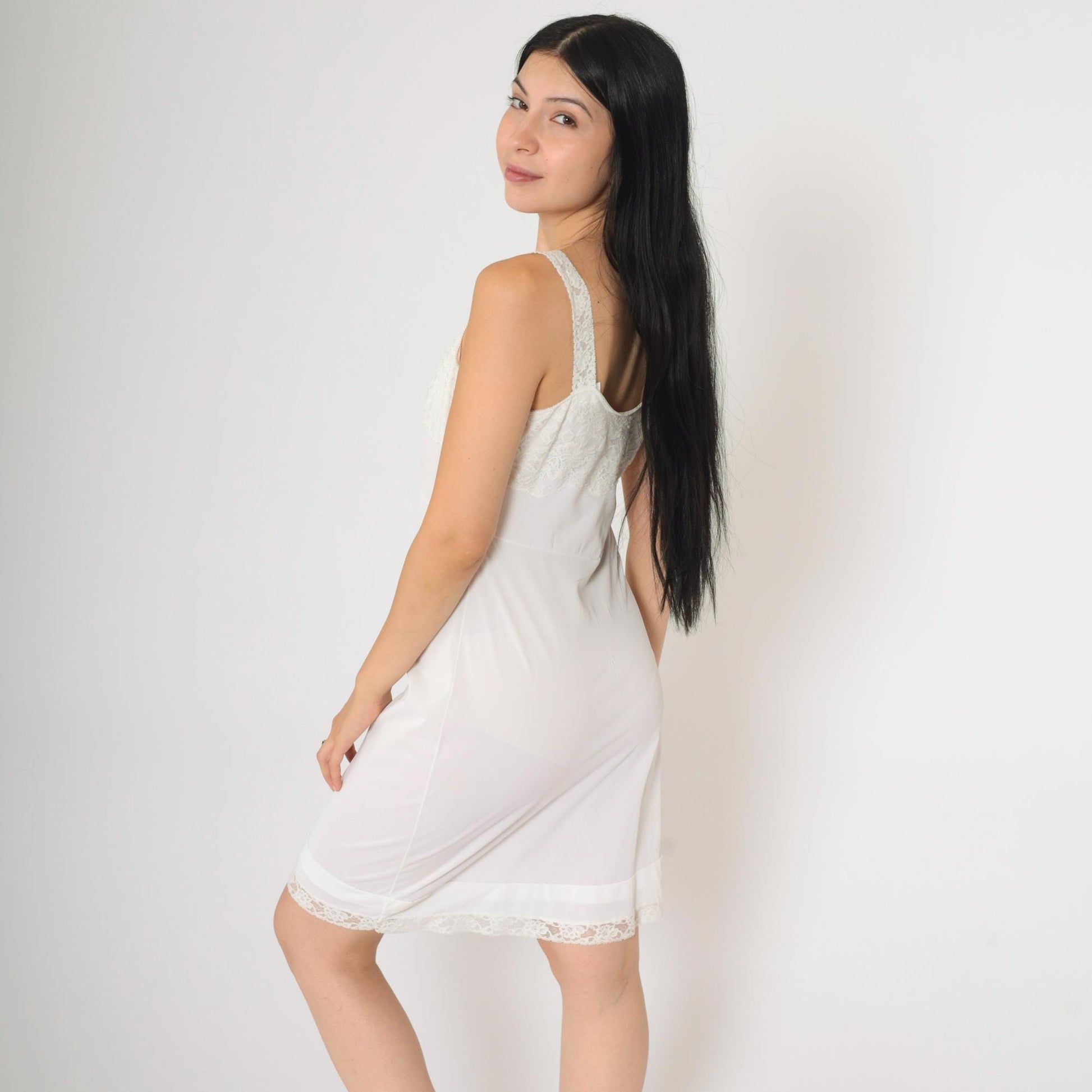 70s Charmante White Lace Slip Dress Scoop Neck Spaghetti Strap Mini Small