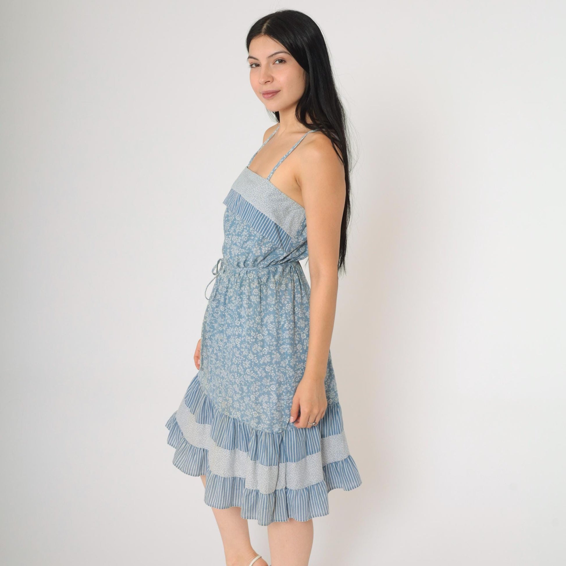 70s Floral Blue Tiered Sundress Spaghetti Strap High Waist Knee Length Small