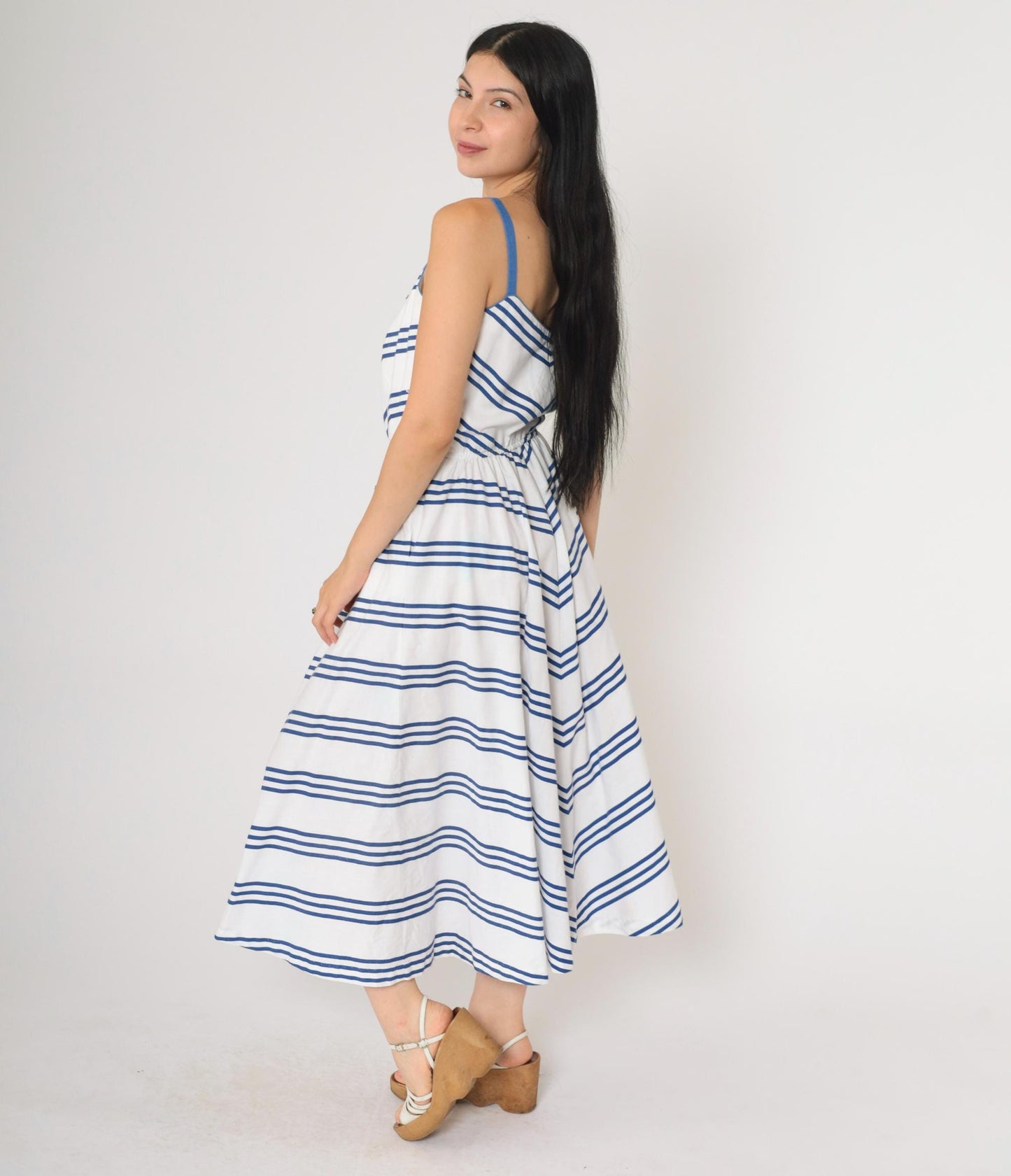 70s Lanz Originals Chevron Midi Sundress Blue White High Waist Small