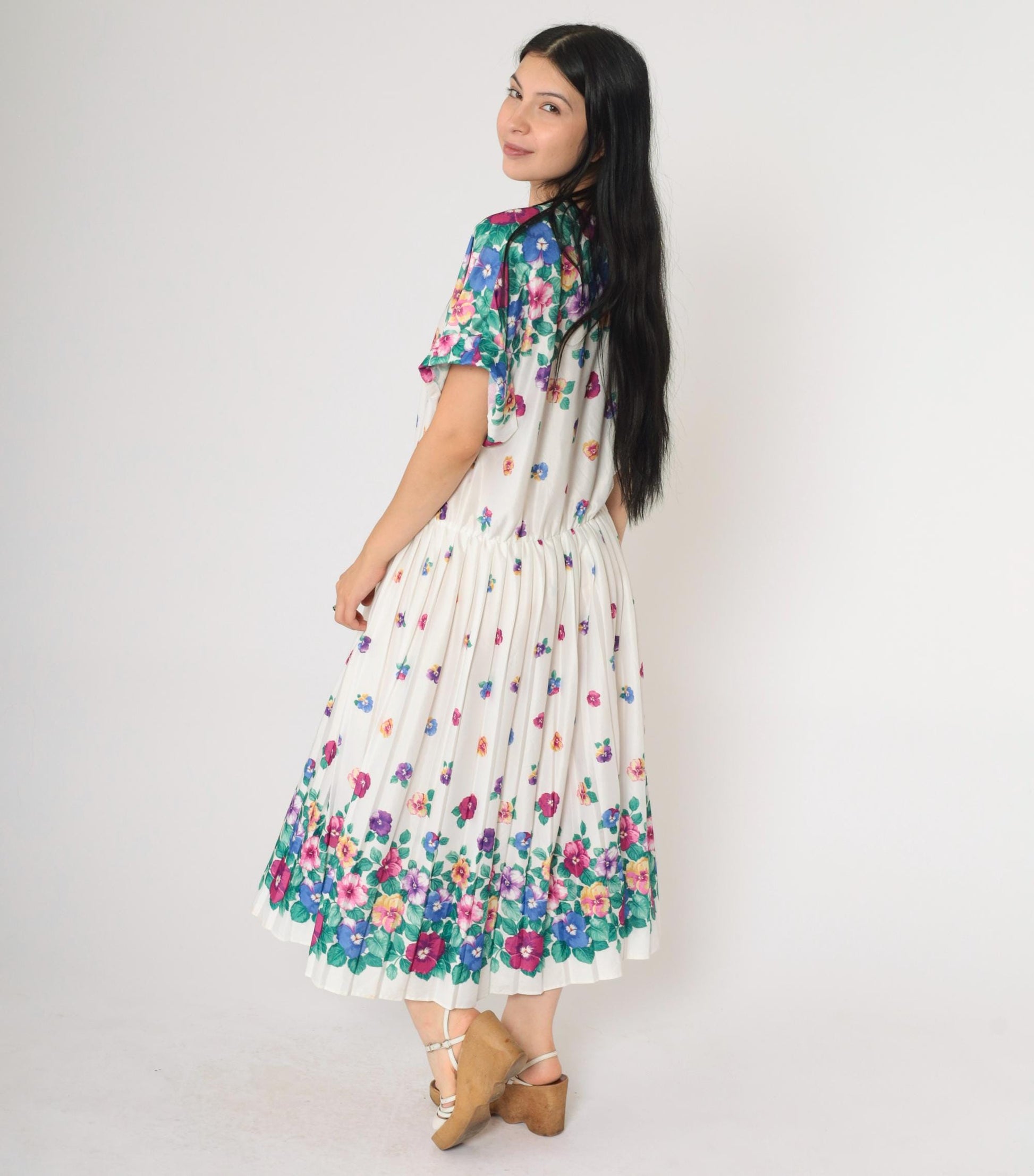 80s Floral Midi Dress White Multicolor Pleated High Waist Short Sleeve Extra Large