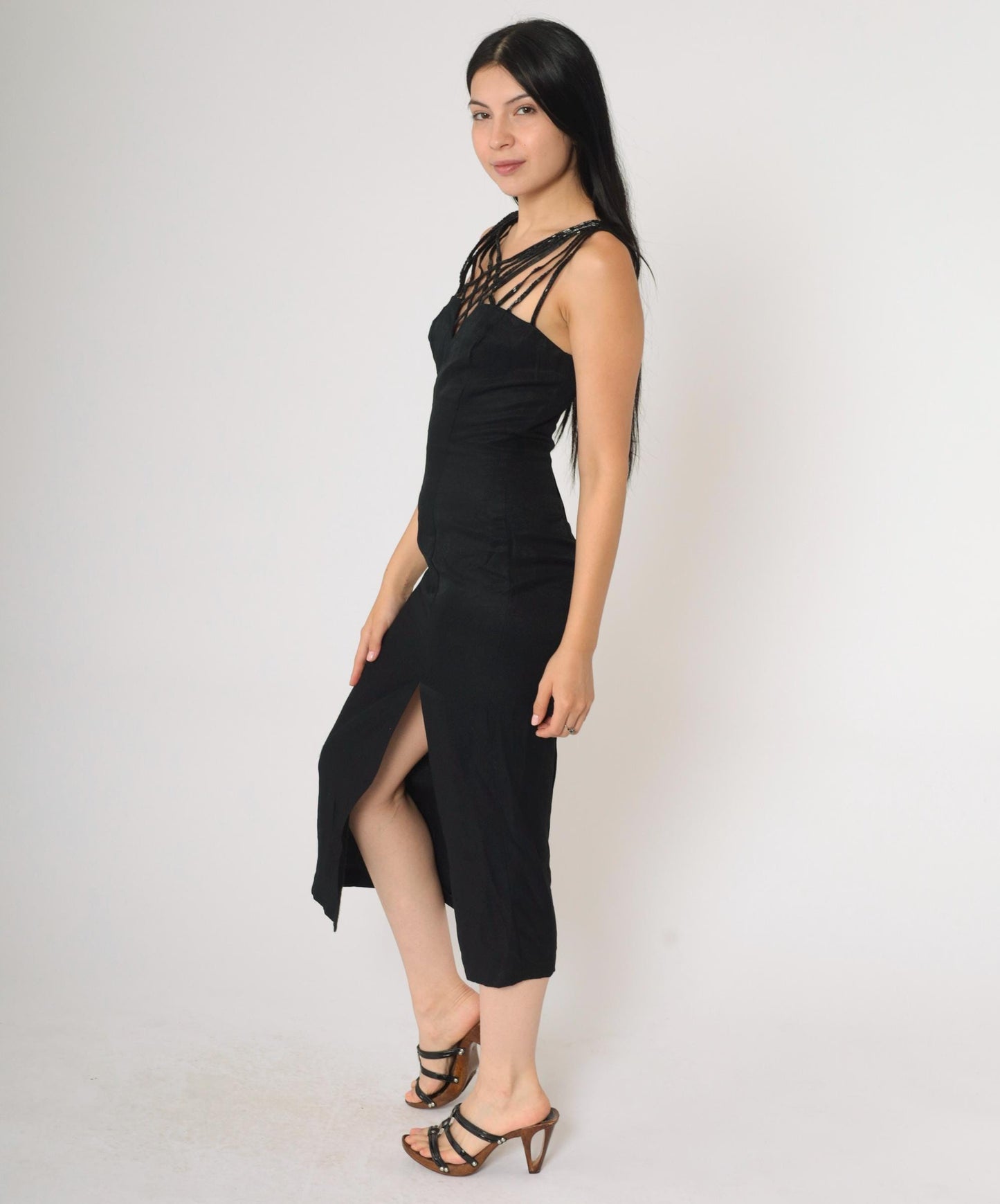 90s Zum Zum Black Beaded Cage Neckline Midi Dress Extra Small XS