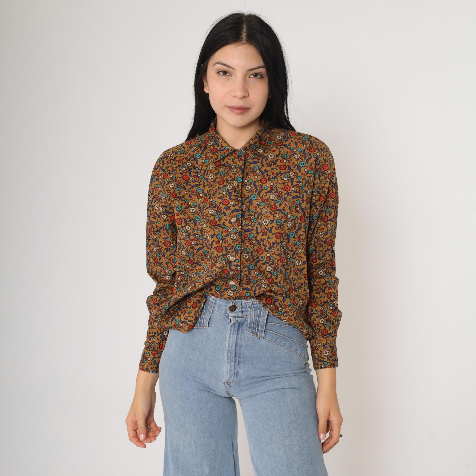 Y2K Levi's Dockers Floral Button-Up Blouse Brown Cotton Long Sleeve Small