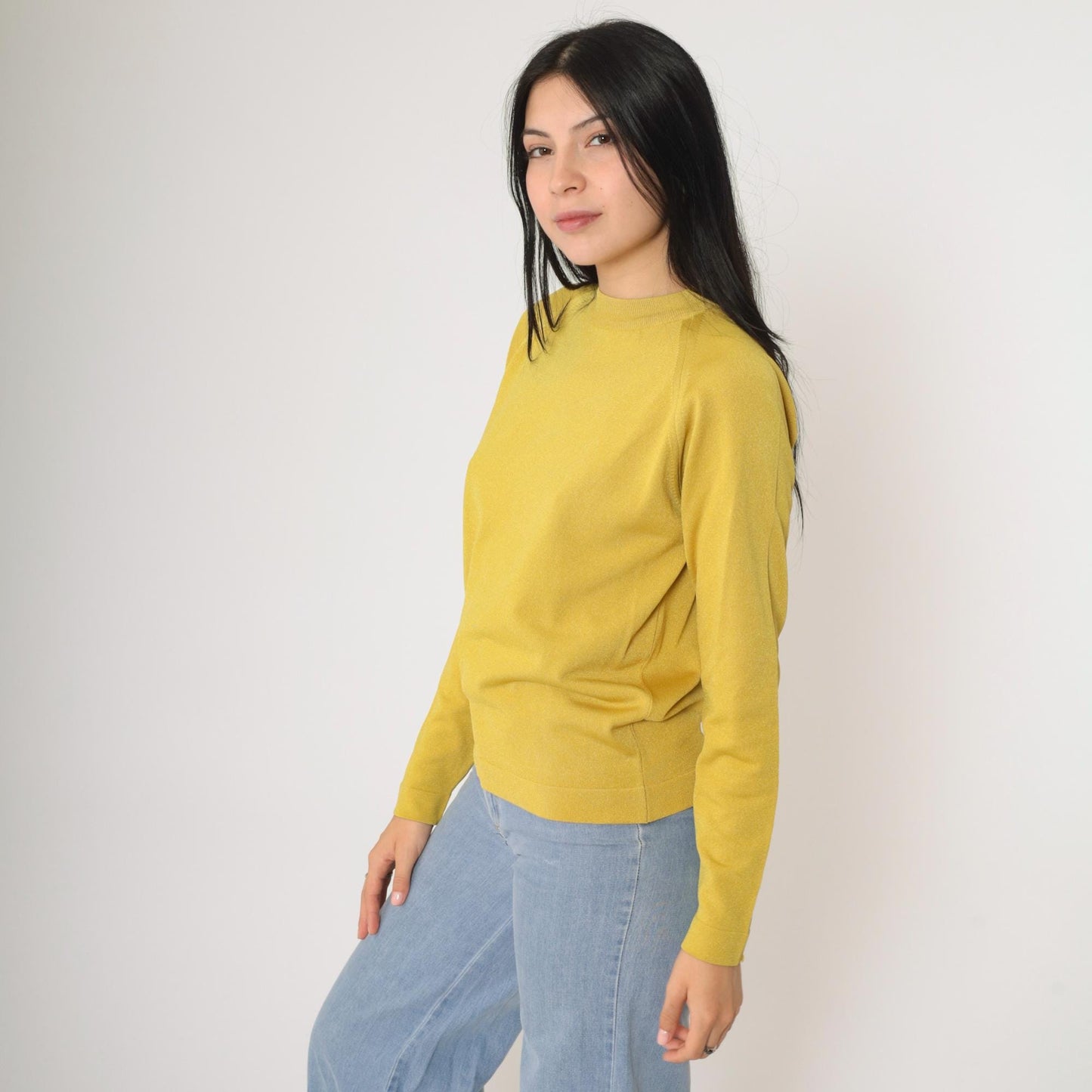 70s Chartreuse Nylon Knit Pullover Crewneck Raglan Sweater Medium