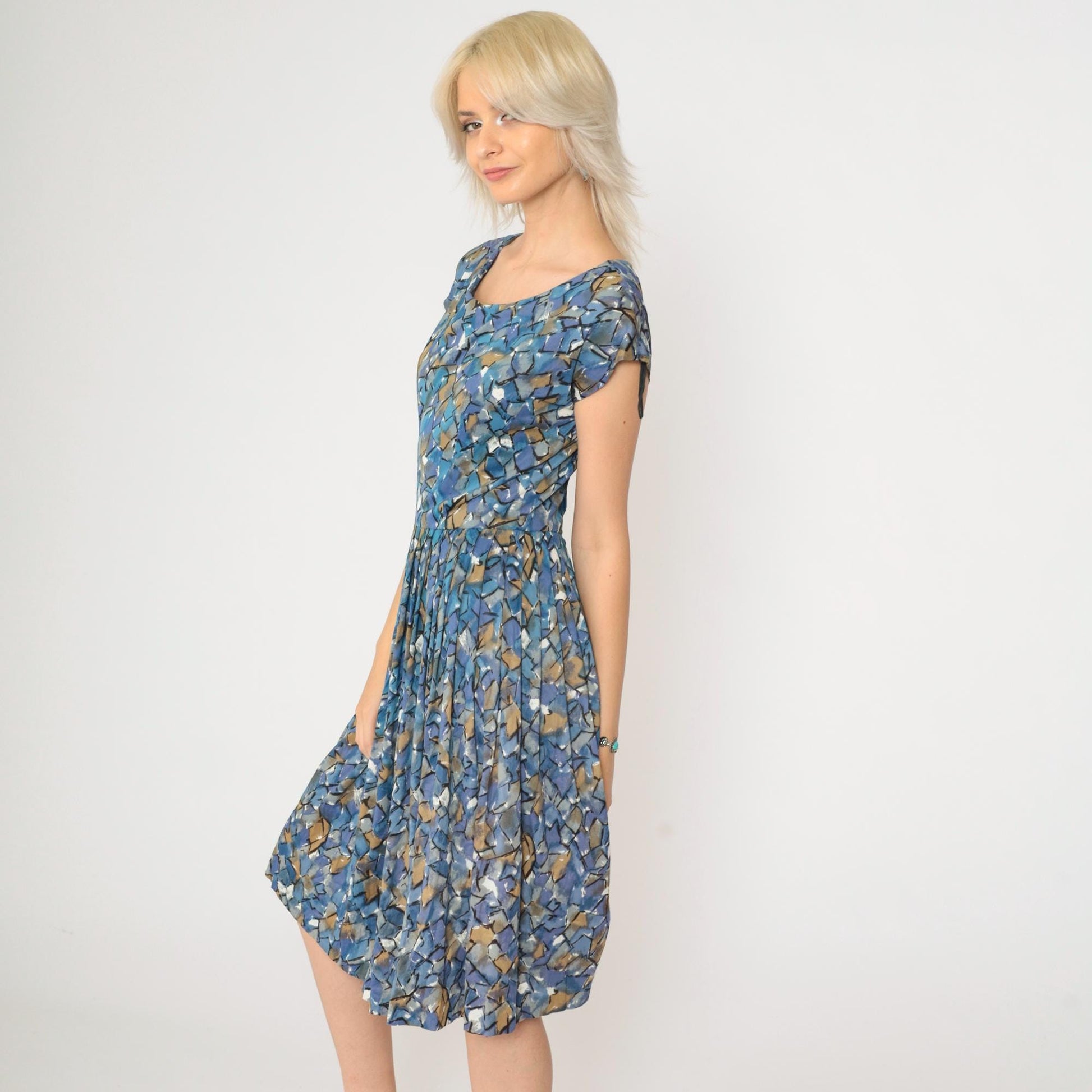 60s Sears Abstract Mosaic Midi Dress High Waisted Pleated Blue Geometric Small