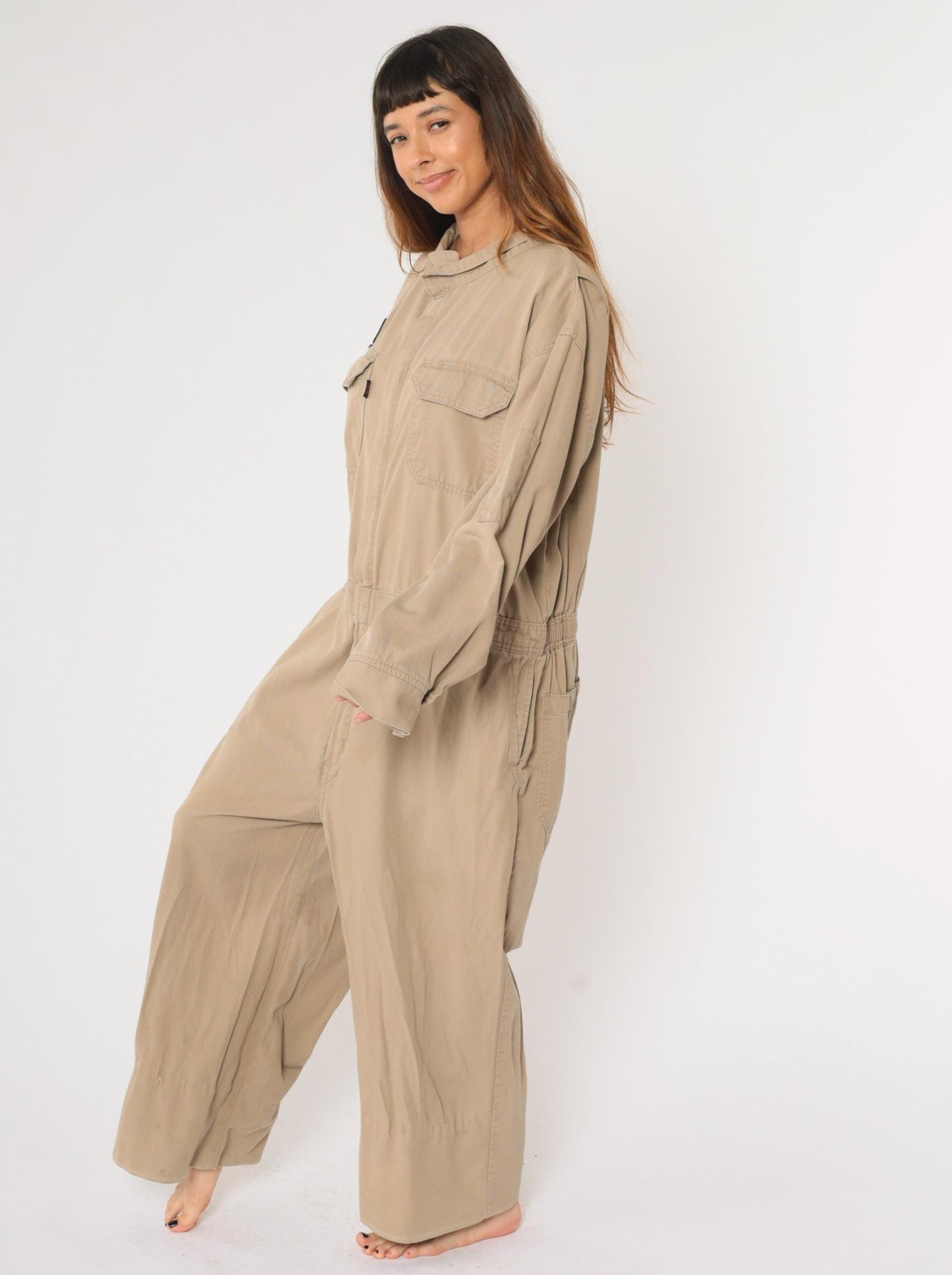 Y2K Tan Flame Resistant Coveralls Louis Patch Flight Suit Men's 48 Regular