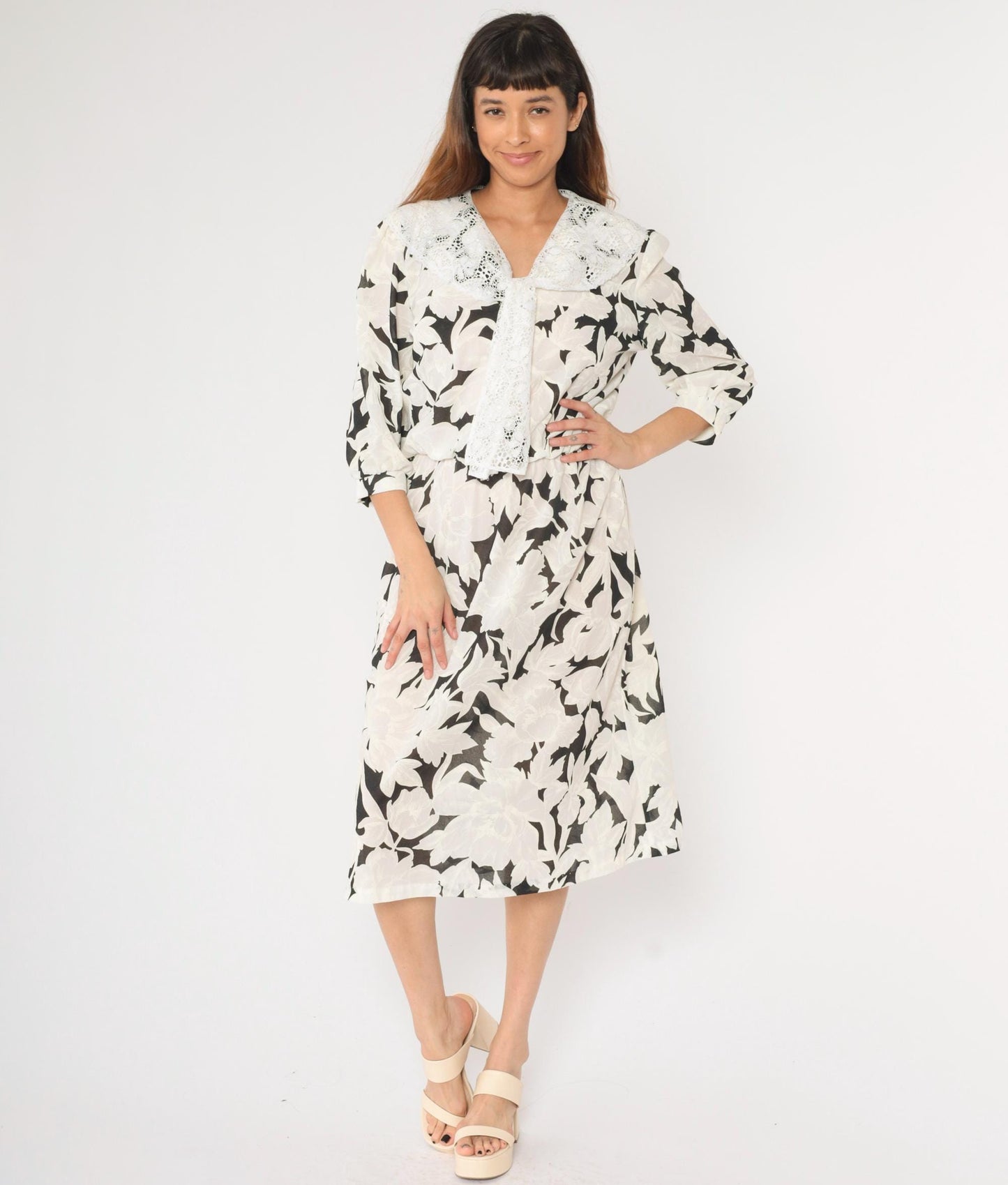 80s Black White Floral Midi Dress Lace Collar Puff Sleeve Small Medium
