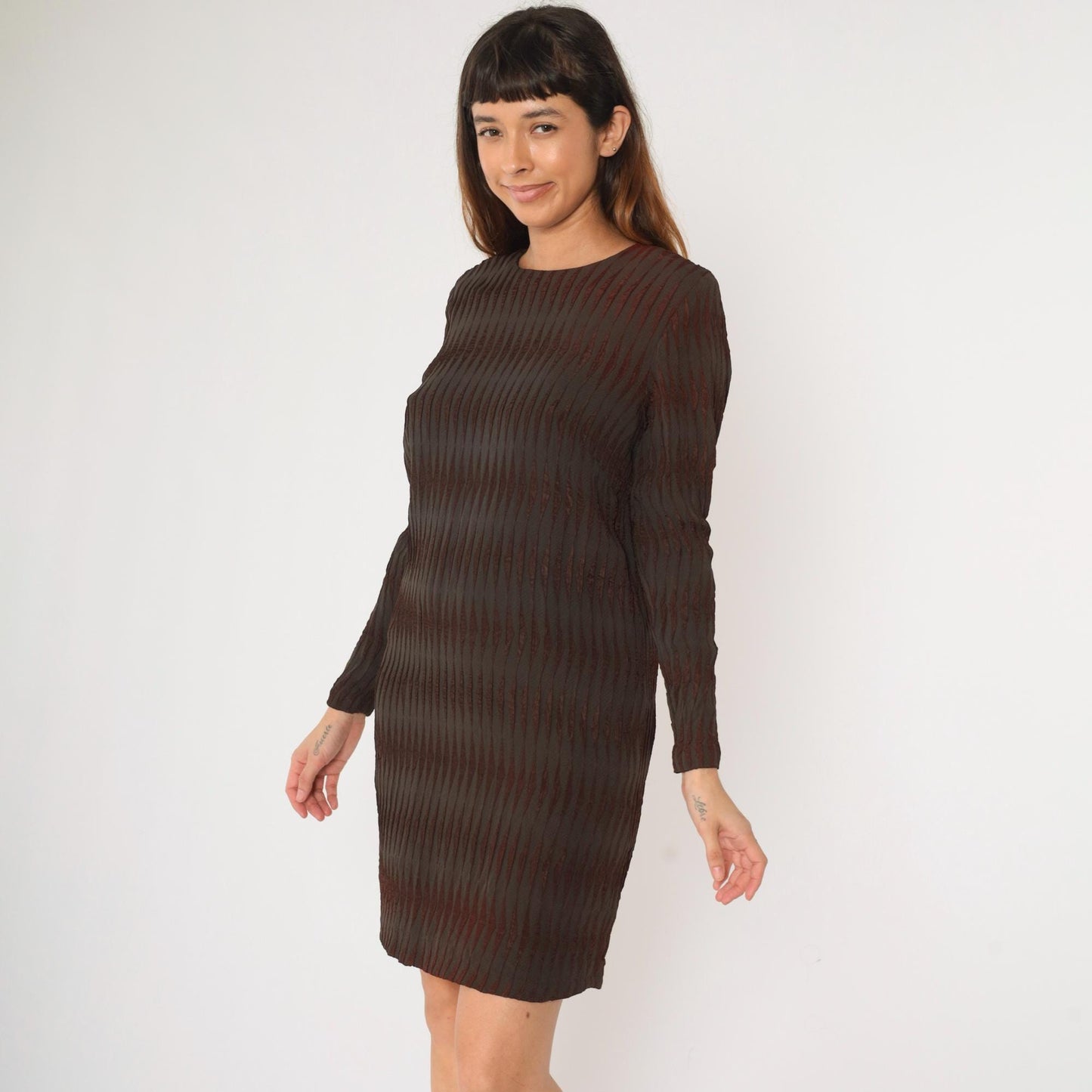 60s Milla Mod Mini Dress Dark Brown Striped Shift Long Sleeve Medium
