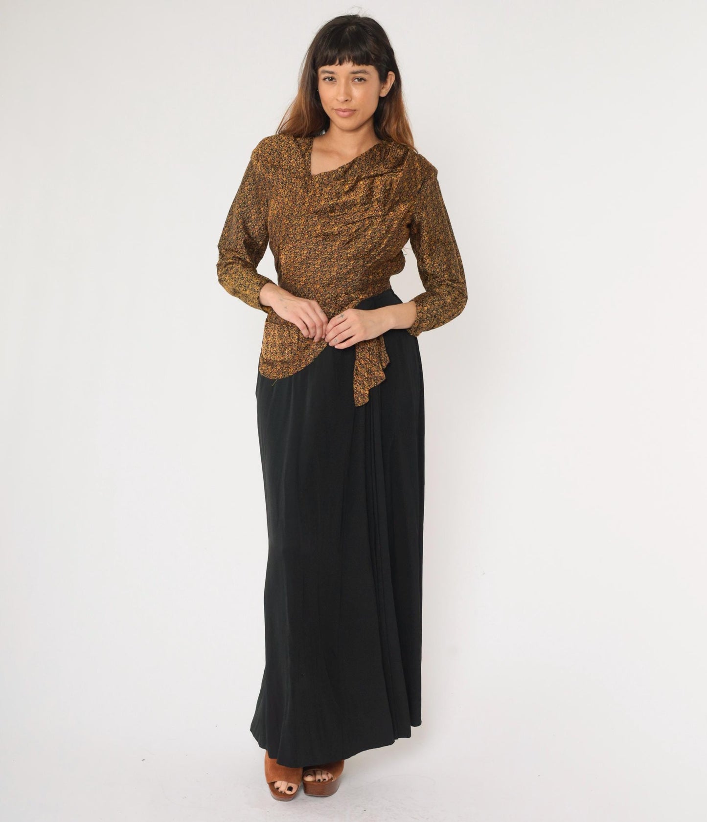 1940s Brocade Maxi Dress Floral Paisley Black Bow Back Long Sleeve Small