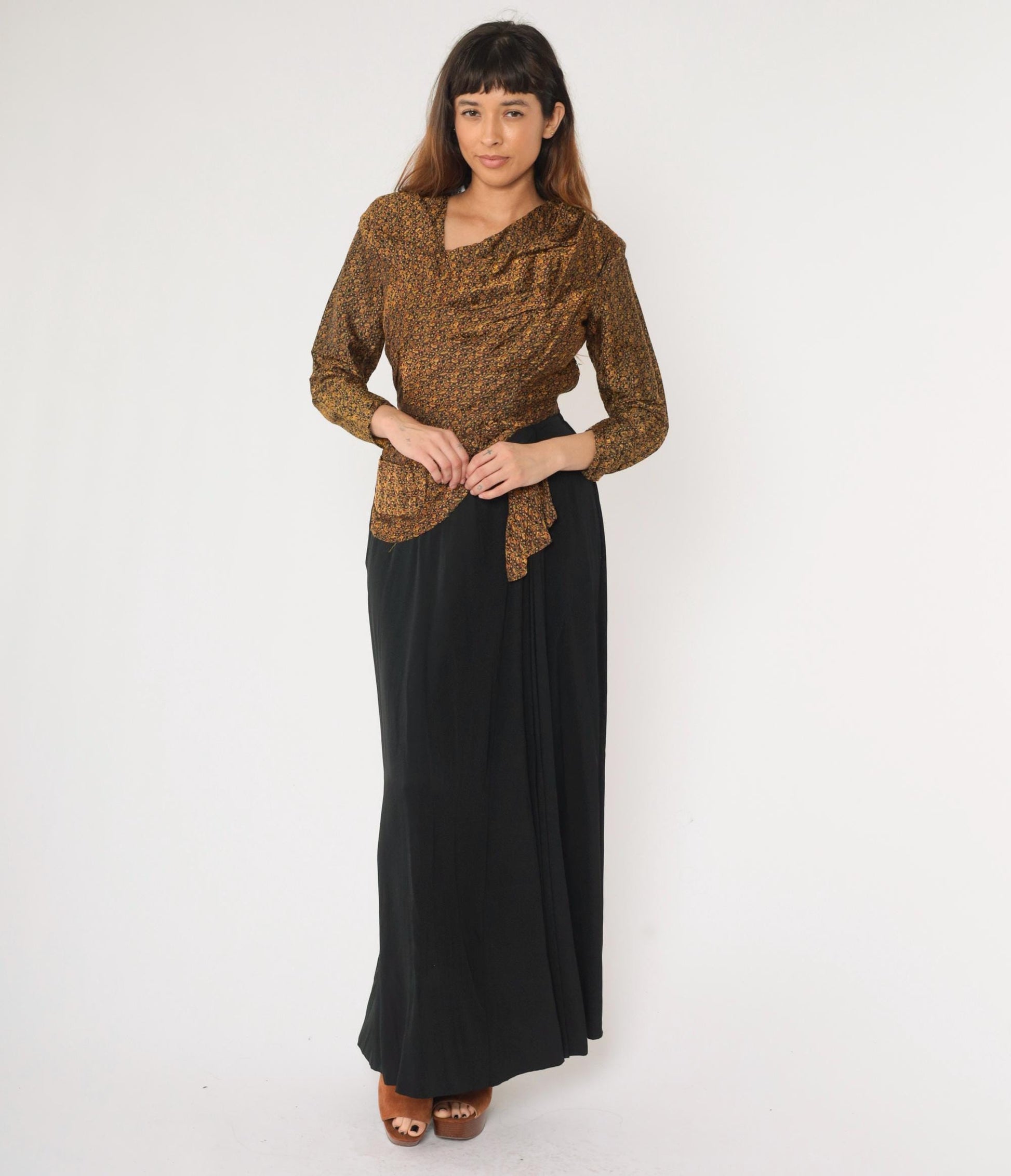 1940s Brocade Maxi Dress Floral Paisley Black Bow Back Long Sleeve Small