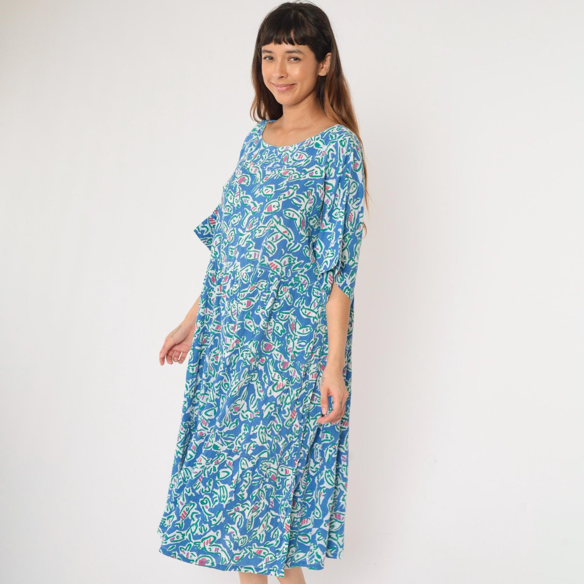 90s Fish Print Midi Dress Blue Abstract Cotton High Waist Half Sleeve Large L