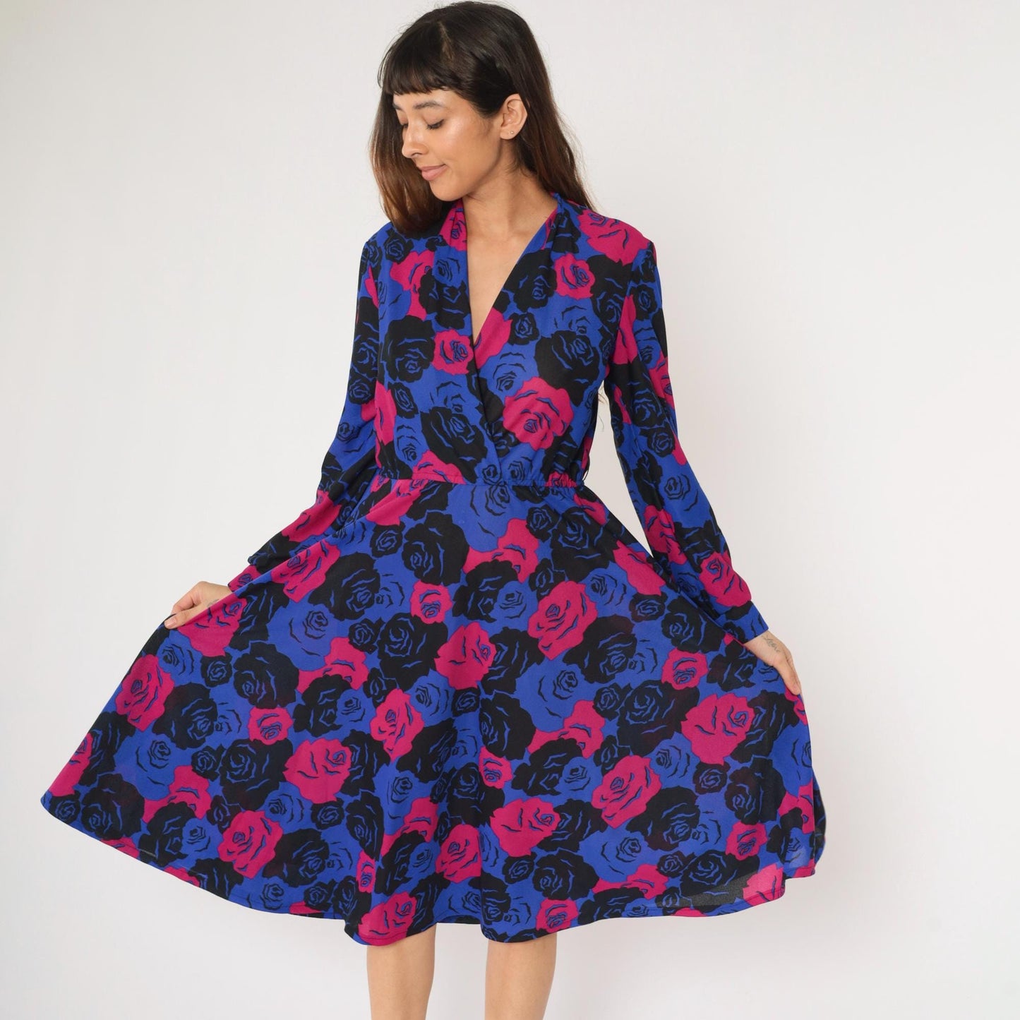 80s Floral Wrap Dress Midi Long Sleeve High Waist Blue Pink Rose Print Medium
