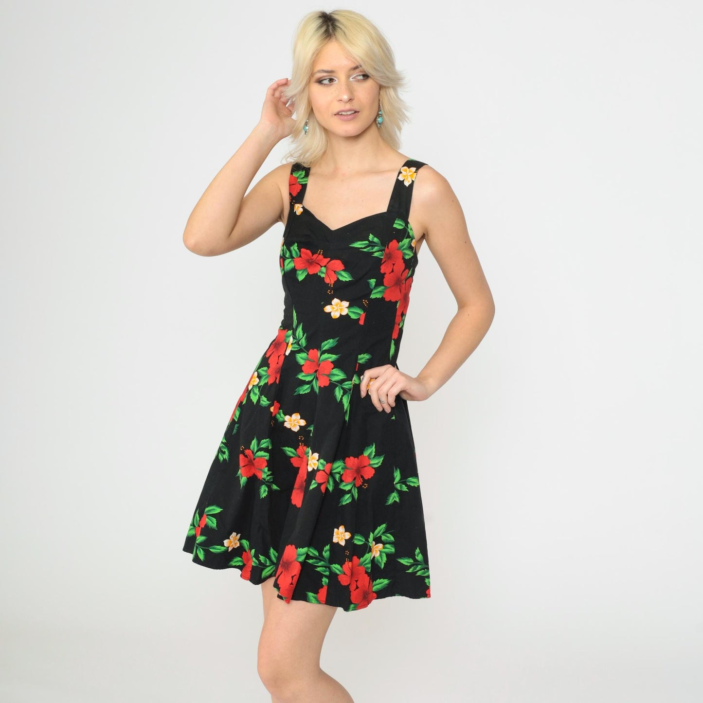 90s Hawaiian Floral Mini Dress Black Sweetheart Smocked Sundress Small S