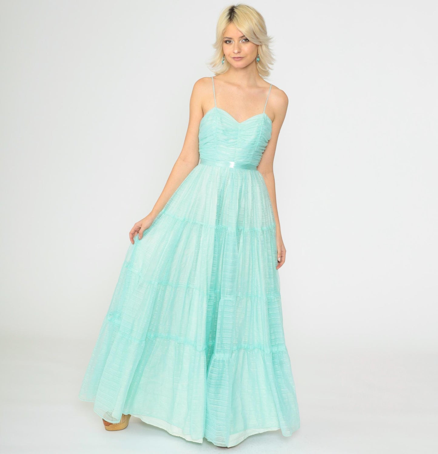 70s Aqua Maxi Dress Spaghetti Strap High Waist Floor Length Extra Small