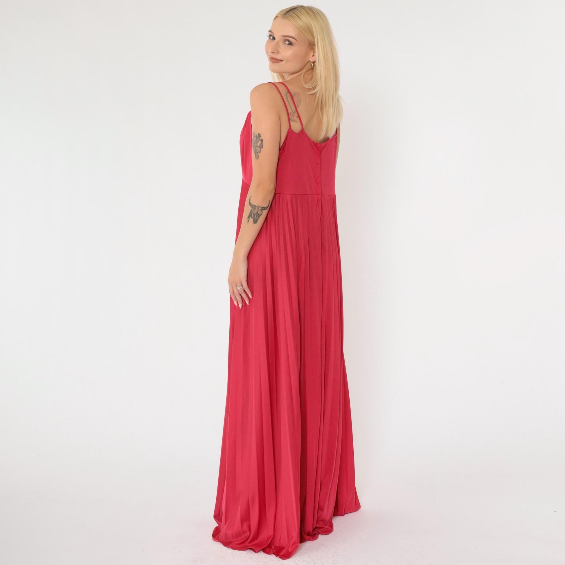 70s Raspberry Red Maxi Dress Deep V Neck Pleated Empire Waist Large