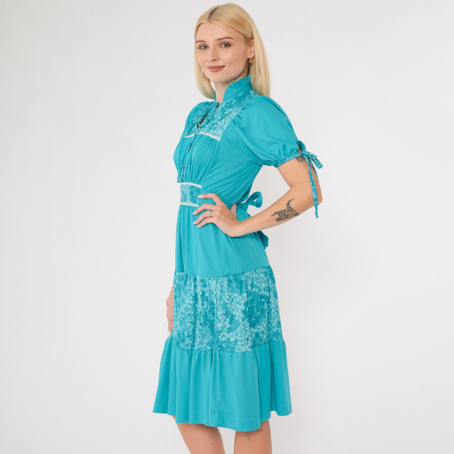 70s Turquoise Floral Puff Sleeve Midi Dress High Waist Tiered Small S