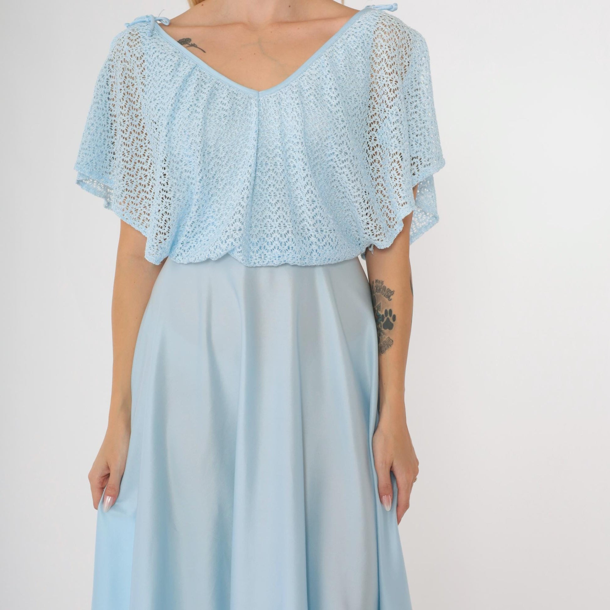 1970s Baby Blue Crochet Capelet Midi Dress High Waist Split Sleeve Extra Small