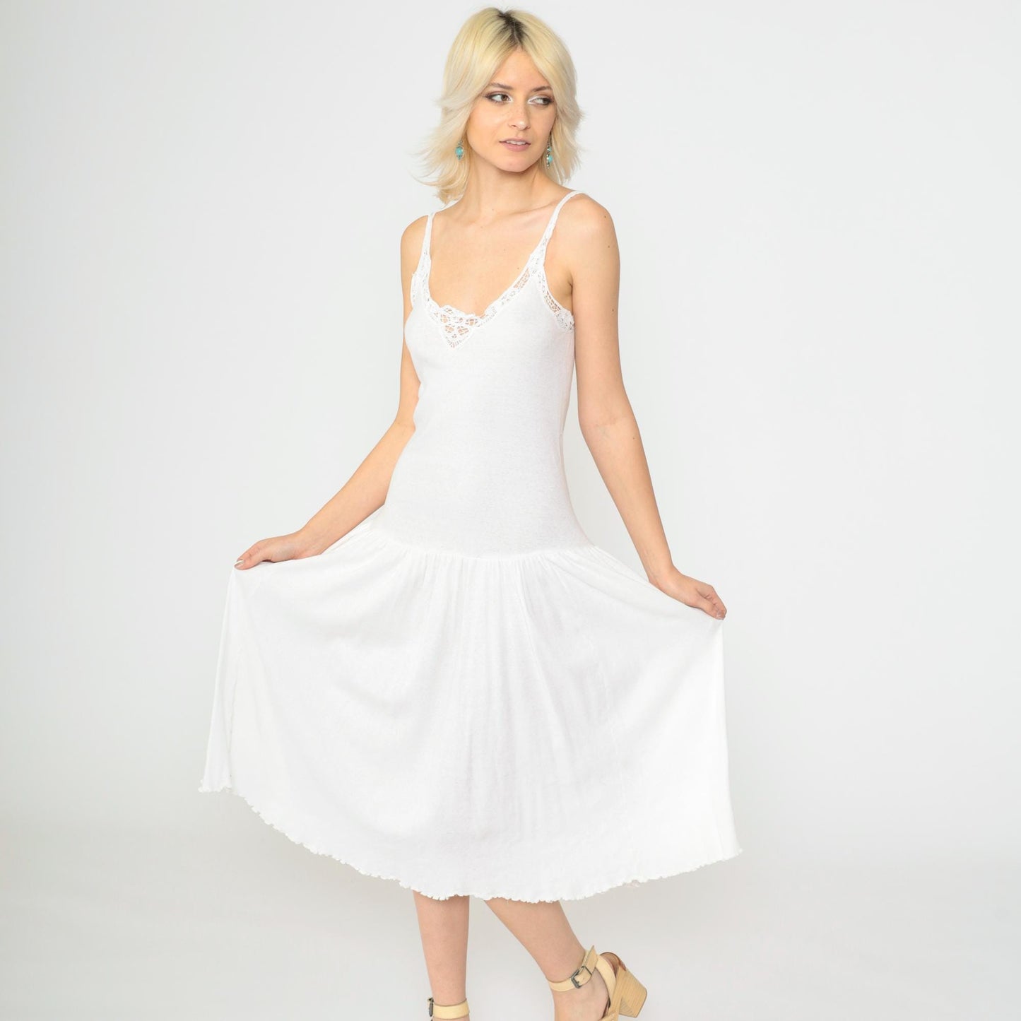 90s White Cotton Slip Dress Midi Lace Trim Spaghetti Strap Small