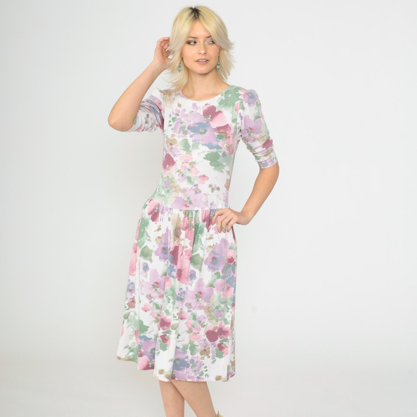 80s Floral Midi Dress Puff Sleeve Drop Waist Watercolor Print White Small
