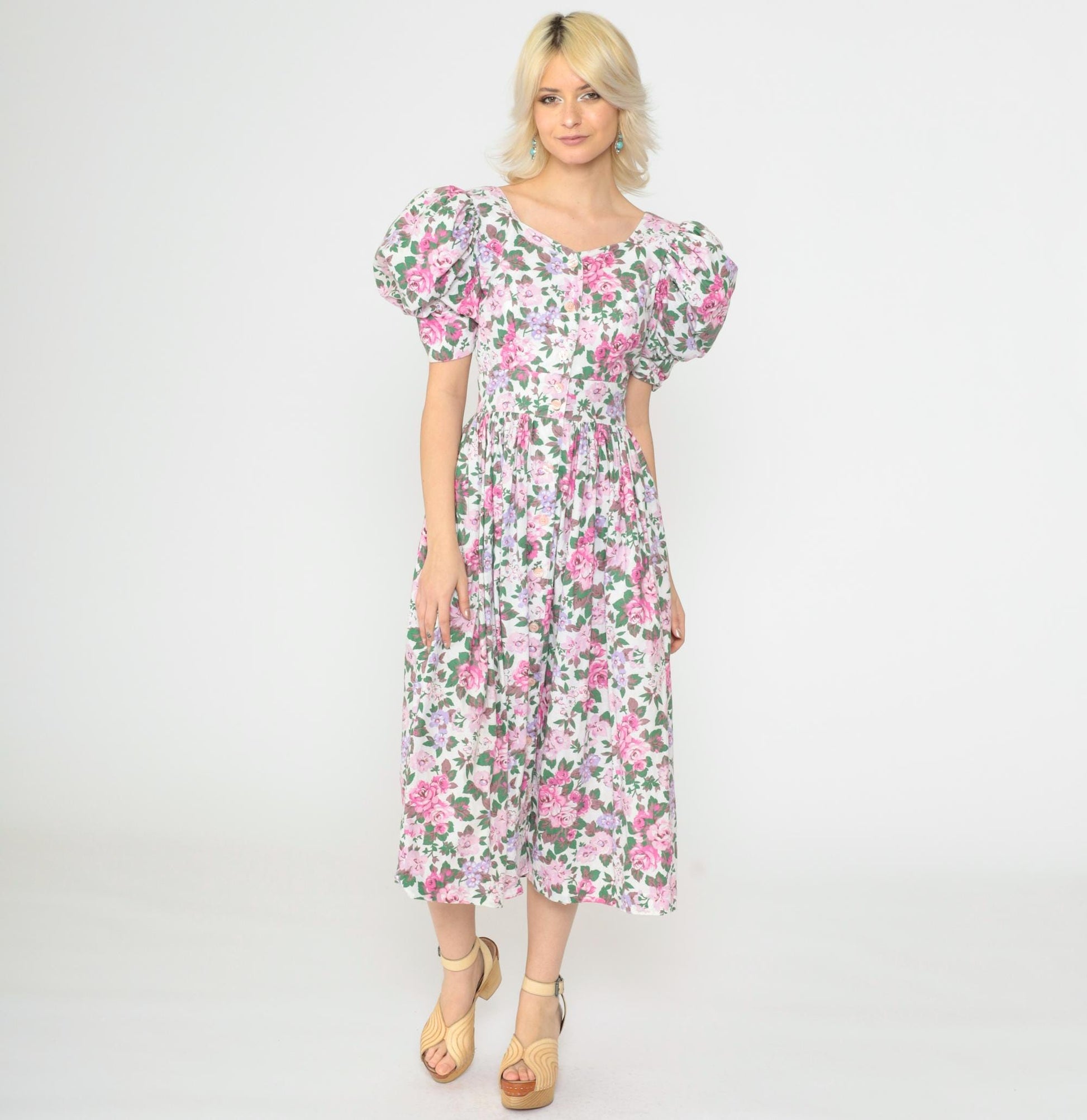 80s Act I Floral Puff Sleeve Midi Dress Criss-Cross Keyhole Back White Pink Extra Small