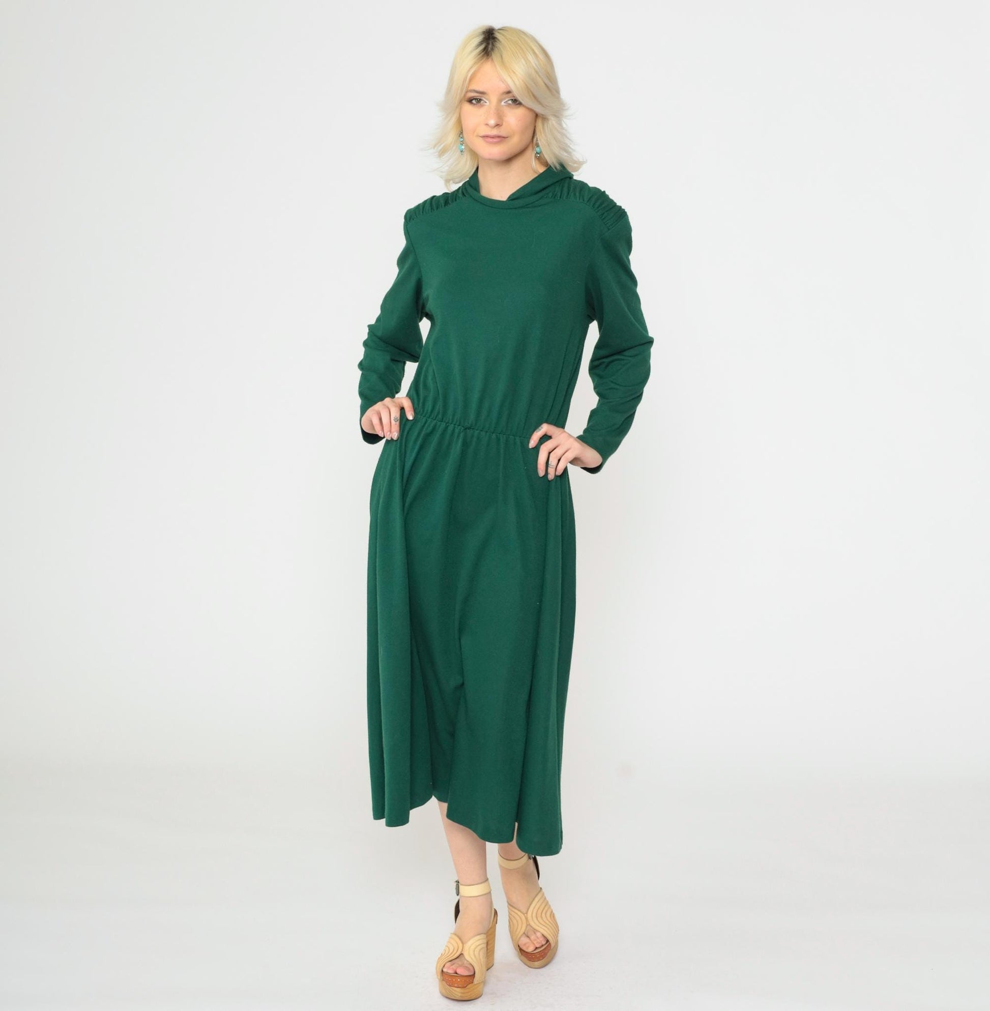 80s Green Midi Dress Mock Neck Long Sleeve Elastic Waist Medium