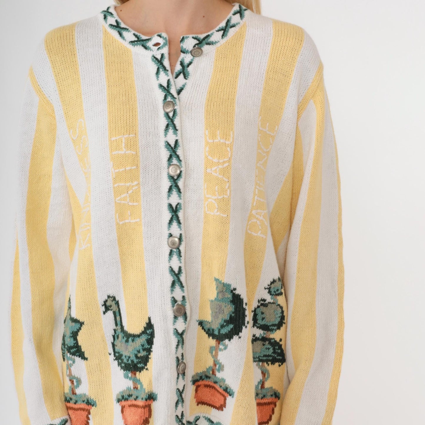 90s Quacker Factory Cardigan Yellow White Striped Topiary Cotton Medium