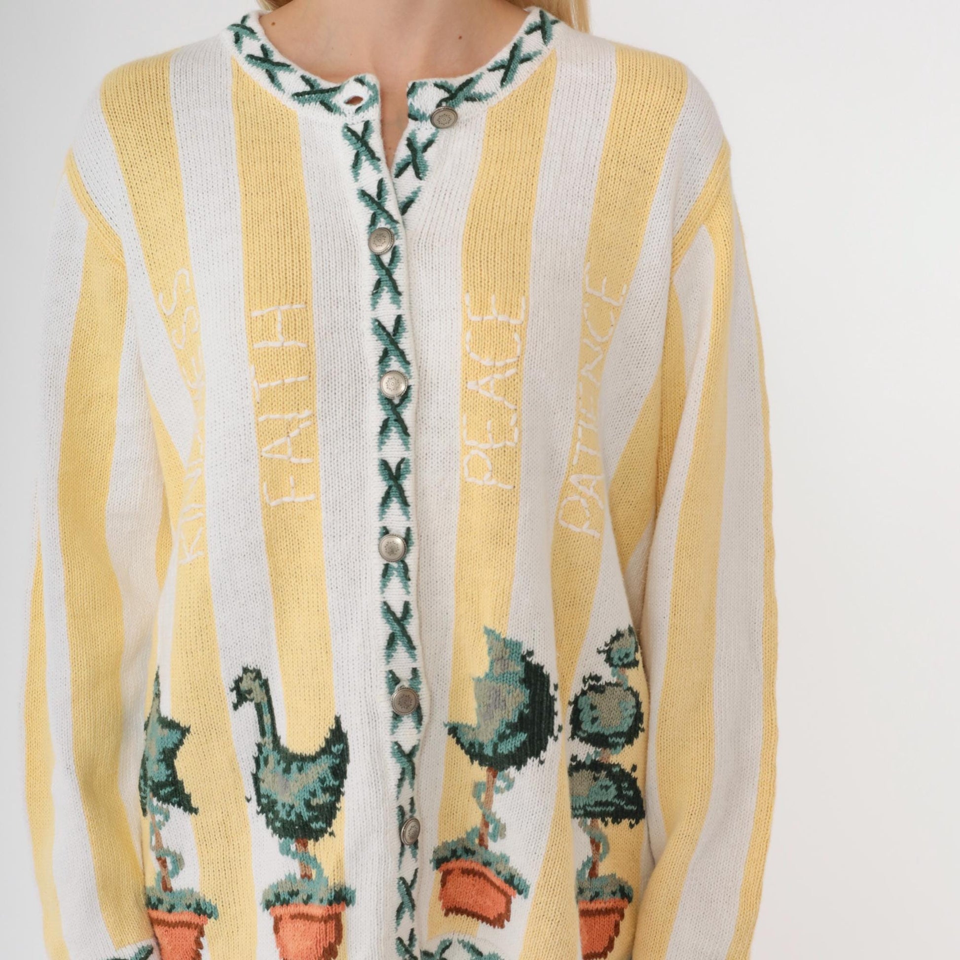 90s Quacker Factory Cardigan Yellow White Striped Topiary Cotton Medium