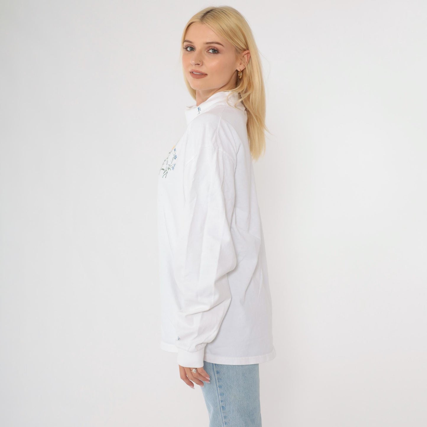 Y2K Wildflower Graphic Mock Neck Long Sleeve Tee White Cotton Large L