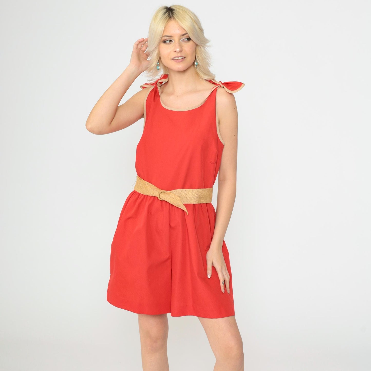 80s Red Ringer Romper Playsuit Tie Shoulder High Waist Sleeveless Medium