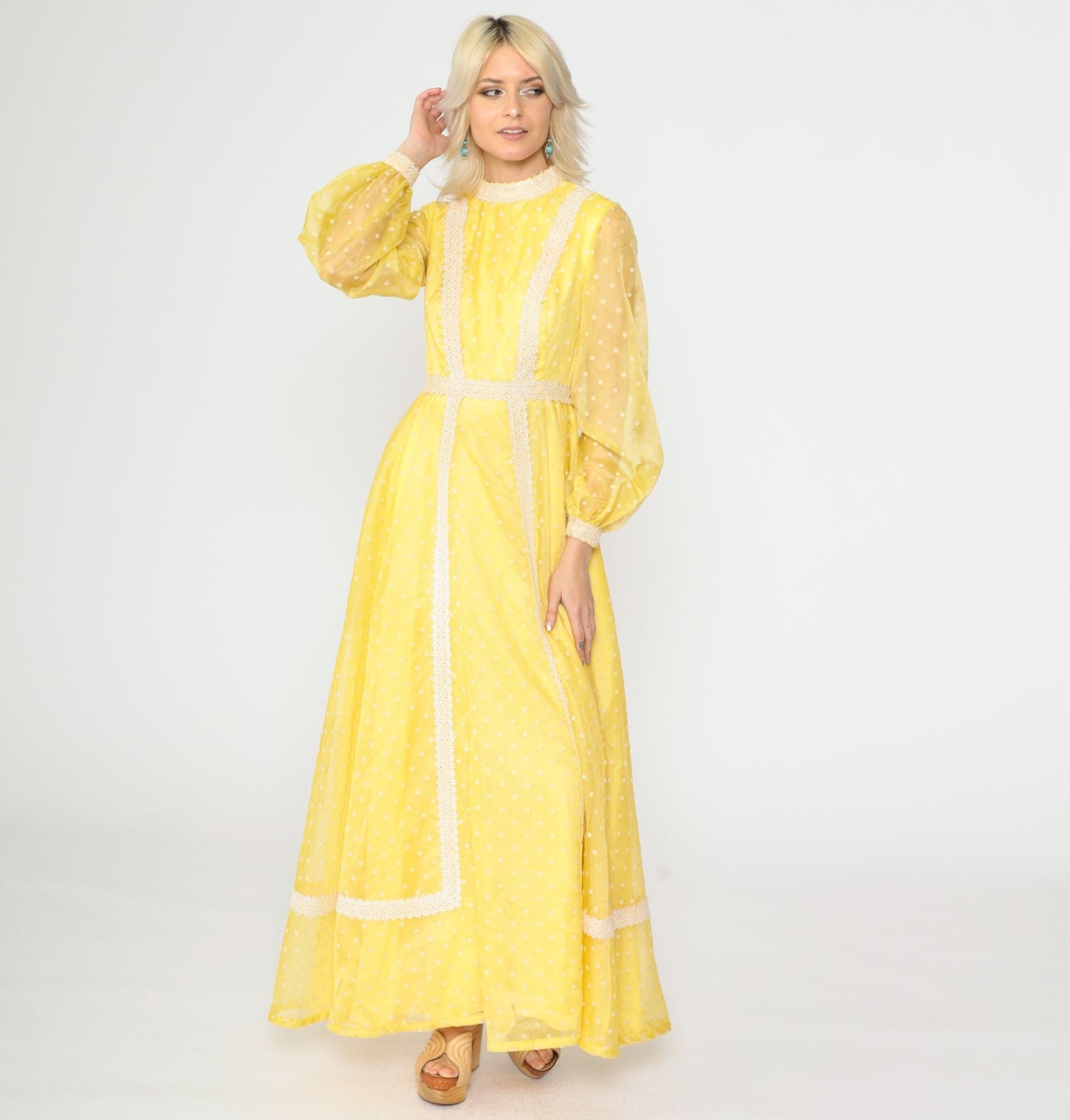 70s Yellow Polka Dot Organza Maxi Dress Balloon Sleeve Lace Trim Extra Small
