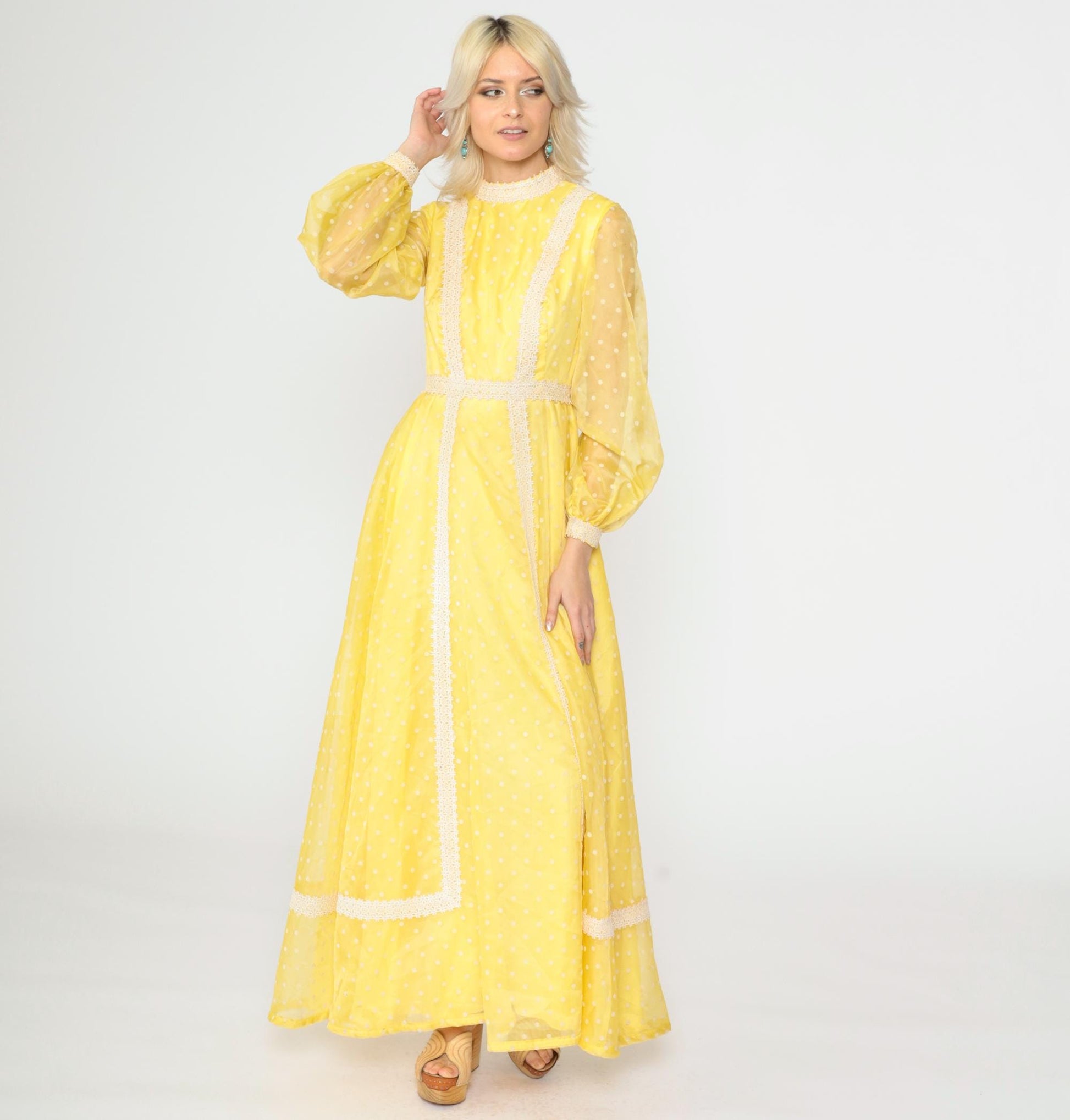 70s Yellow Polka Dot Organza Maxi Dress Balloon Sleeve Lace Trim Extra Small