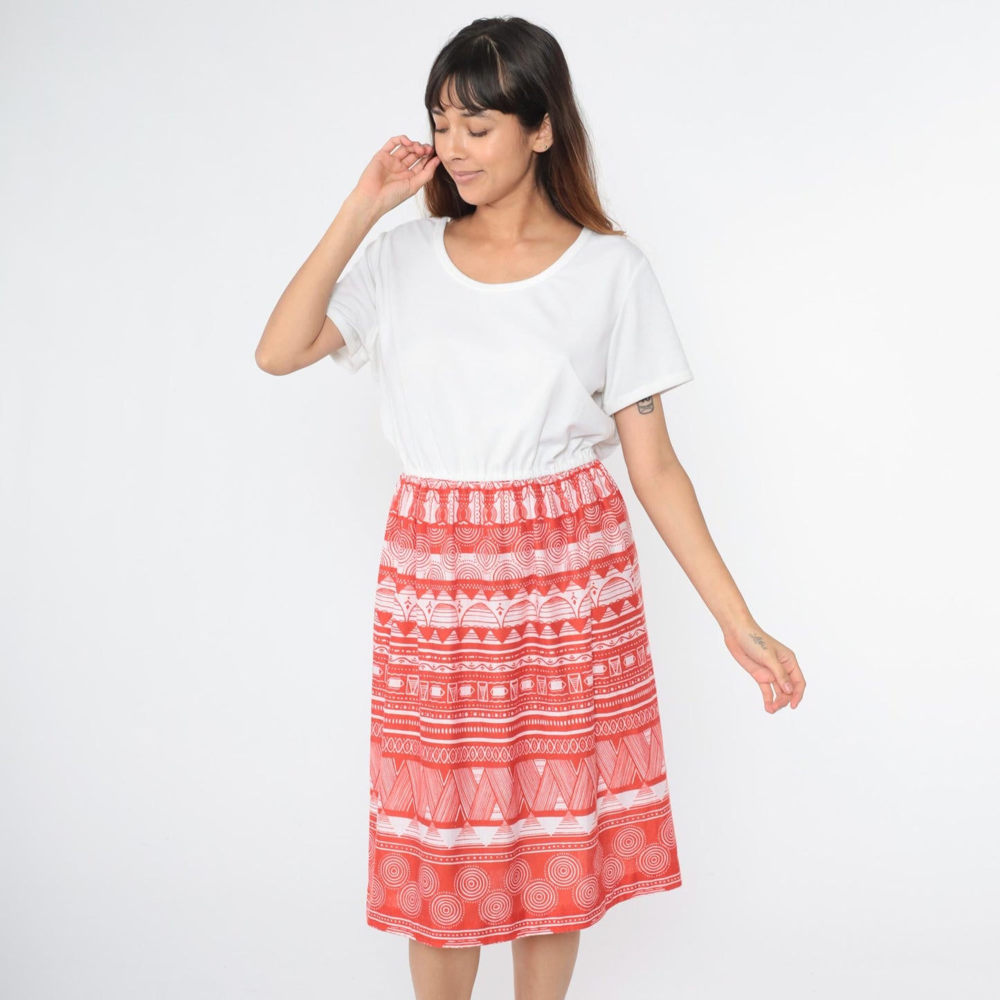 70s Flair of Miami Midi Dress White Red Geometric Print Elastic Waist Medium