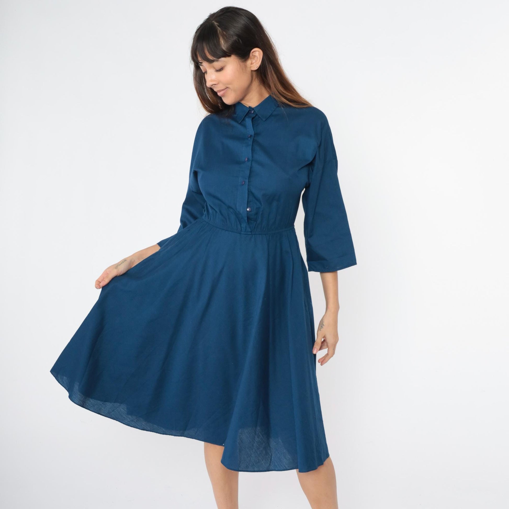 80s The American Shirt Dress Navy Blue Button-Up Midi Collared Small Medium
