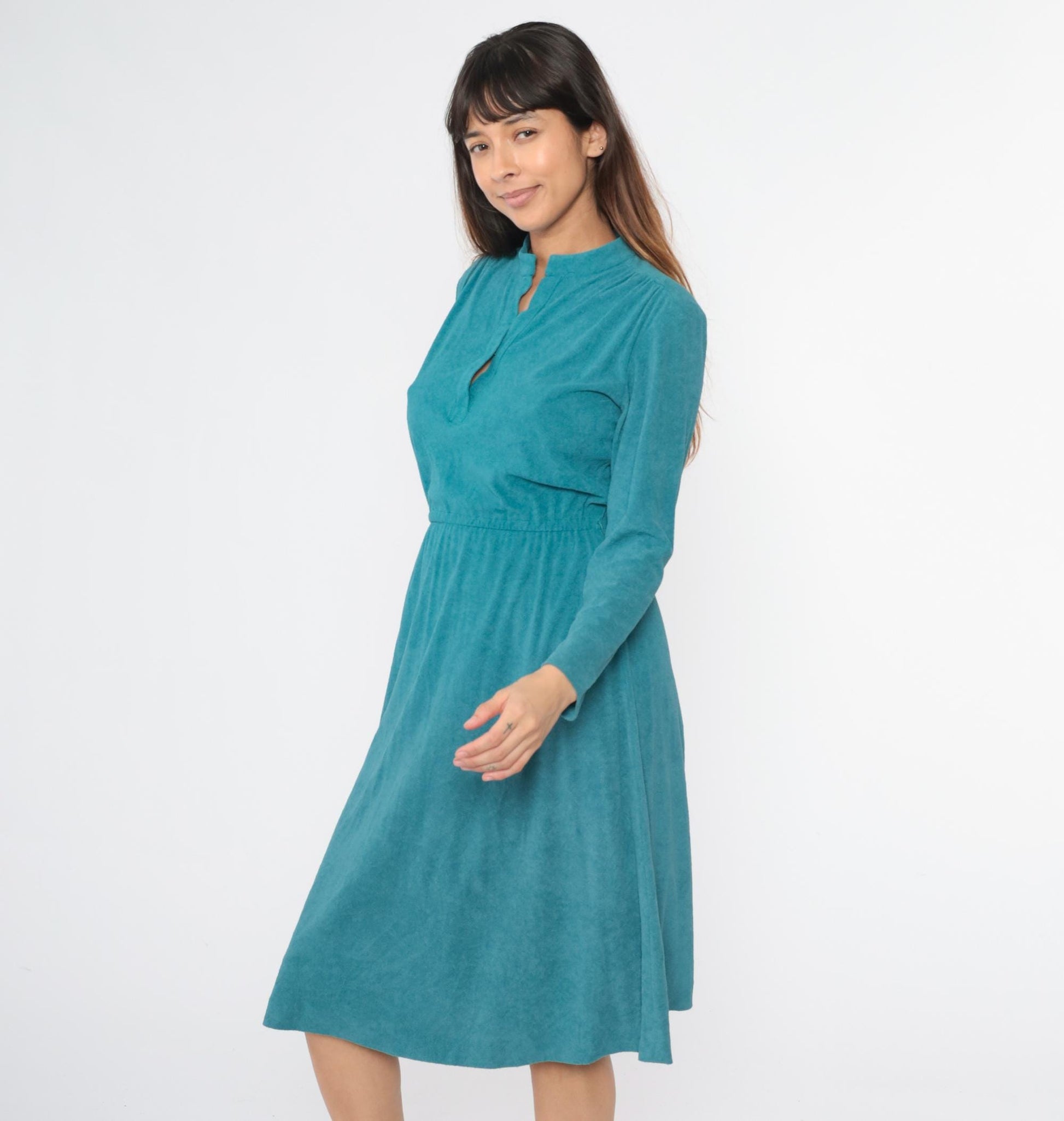 80s Teal Terry Cloth Midi Dress Mandarin Collar High Waist Long Sleeve Small