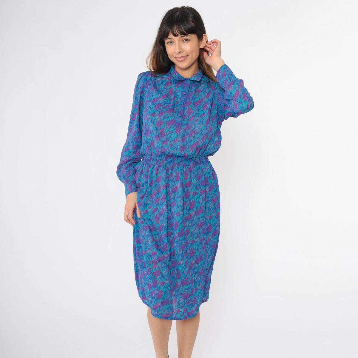 80s Abstract Leaf Print Midi Dress Puff Sleeve Button Up Turquoise Small