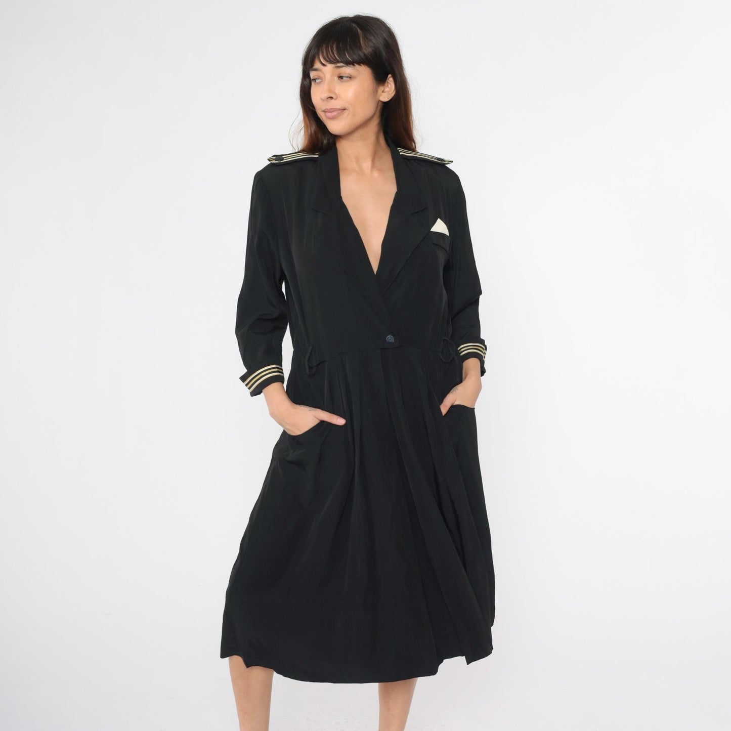 90s Black Midi Wrap Dress Gold Striped Epaulette High Waist Large