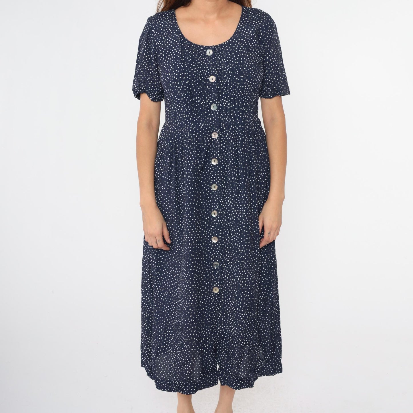 90s Karin Stevens Navy Polka Dot Midi Dress Button Up High Waist Medium 8