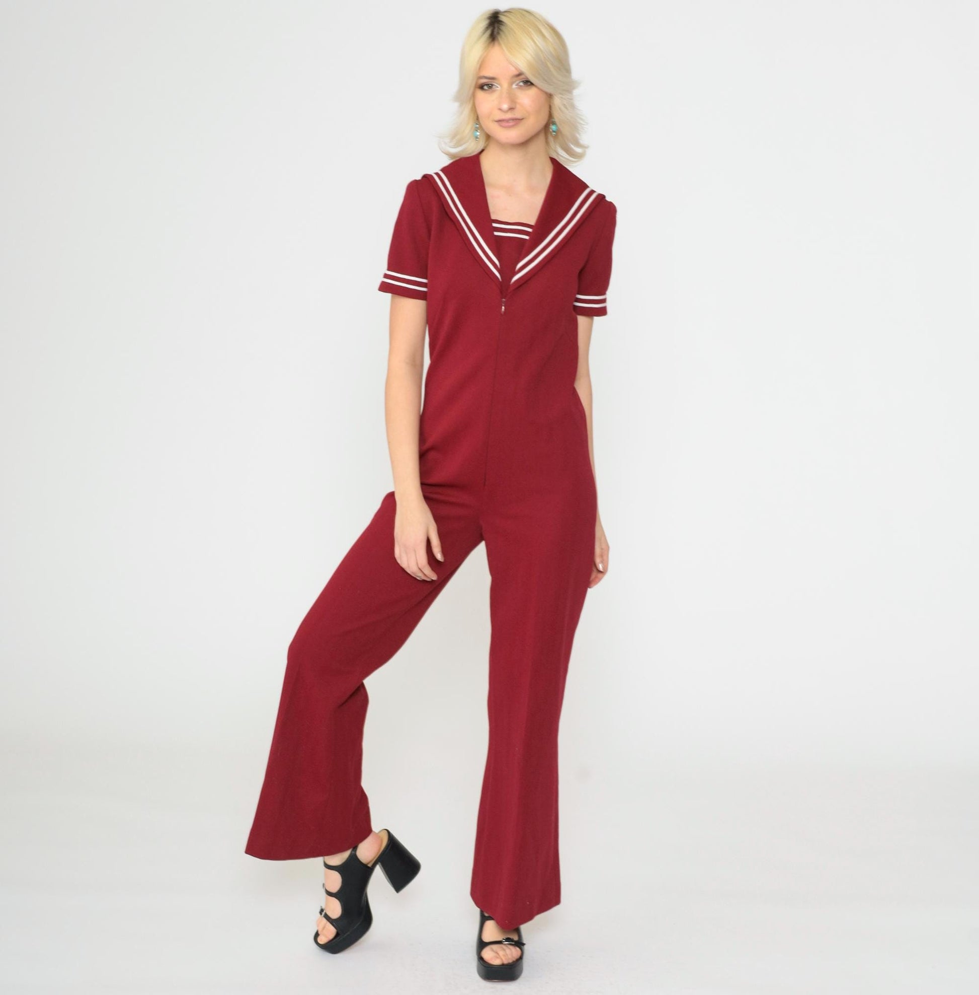 70s Sailor Collar Jumpsuit Burgundy Bell Bottom Zip Front Small