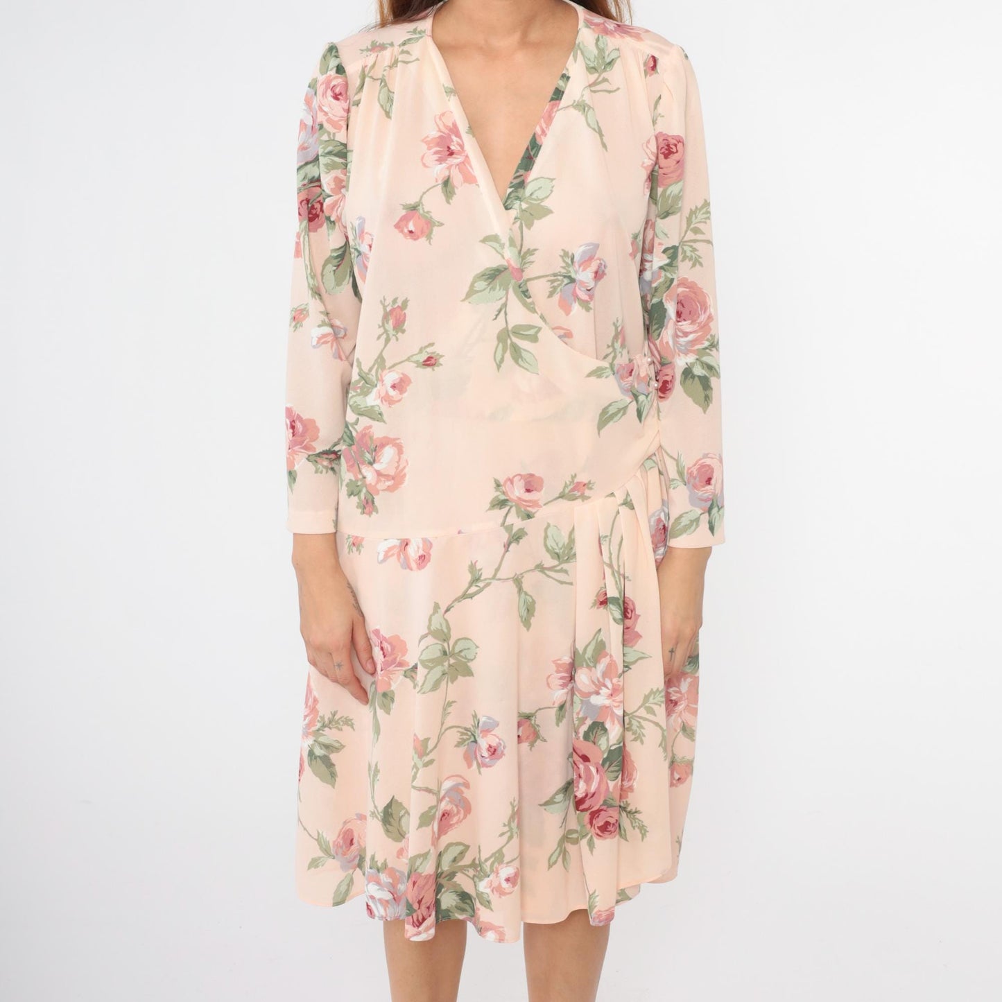 80s Pastel Pink Floral Wrap Midi Dress Drop Waist Puff Sleeve Large