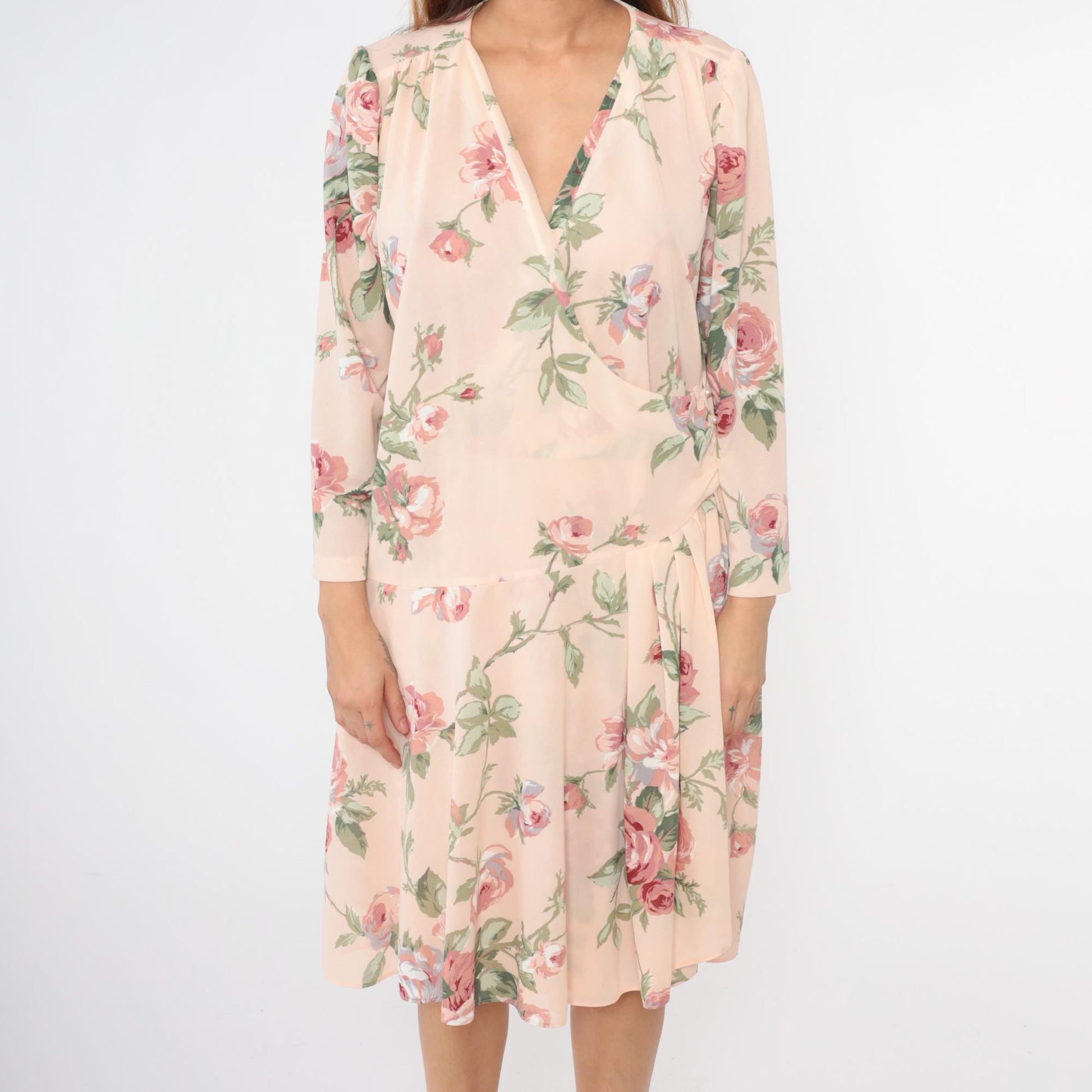 80s Pastel Pink Floral Wrap Midi Dress Drop Waist Puff Sleeve Large