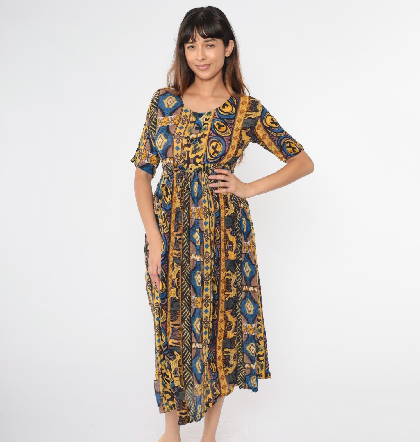 90s MintMode Geometric Horse Print Midi Dress Button Front Yellow Blue Small S