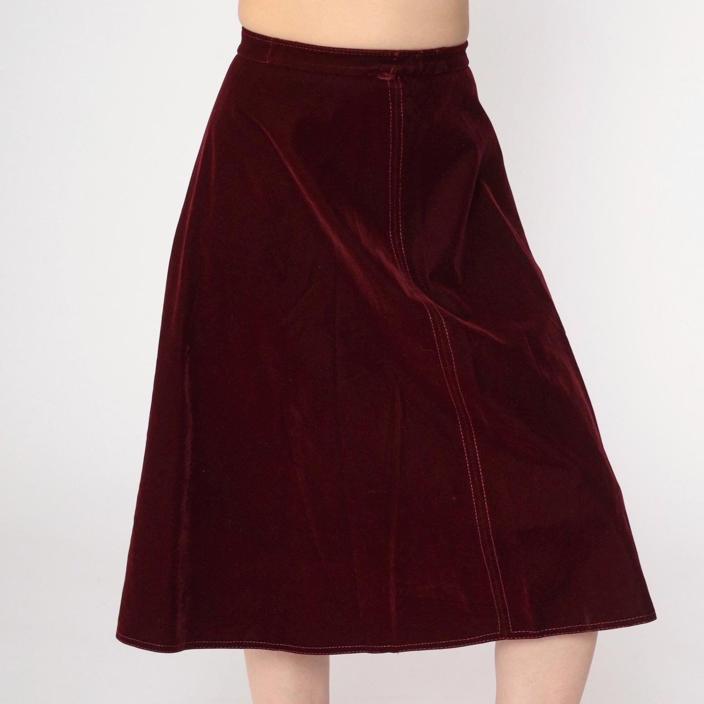 70s Burgundy Velvet Midi Skirt A-Line High Waisted Small