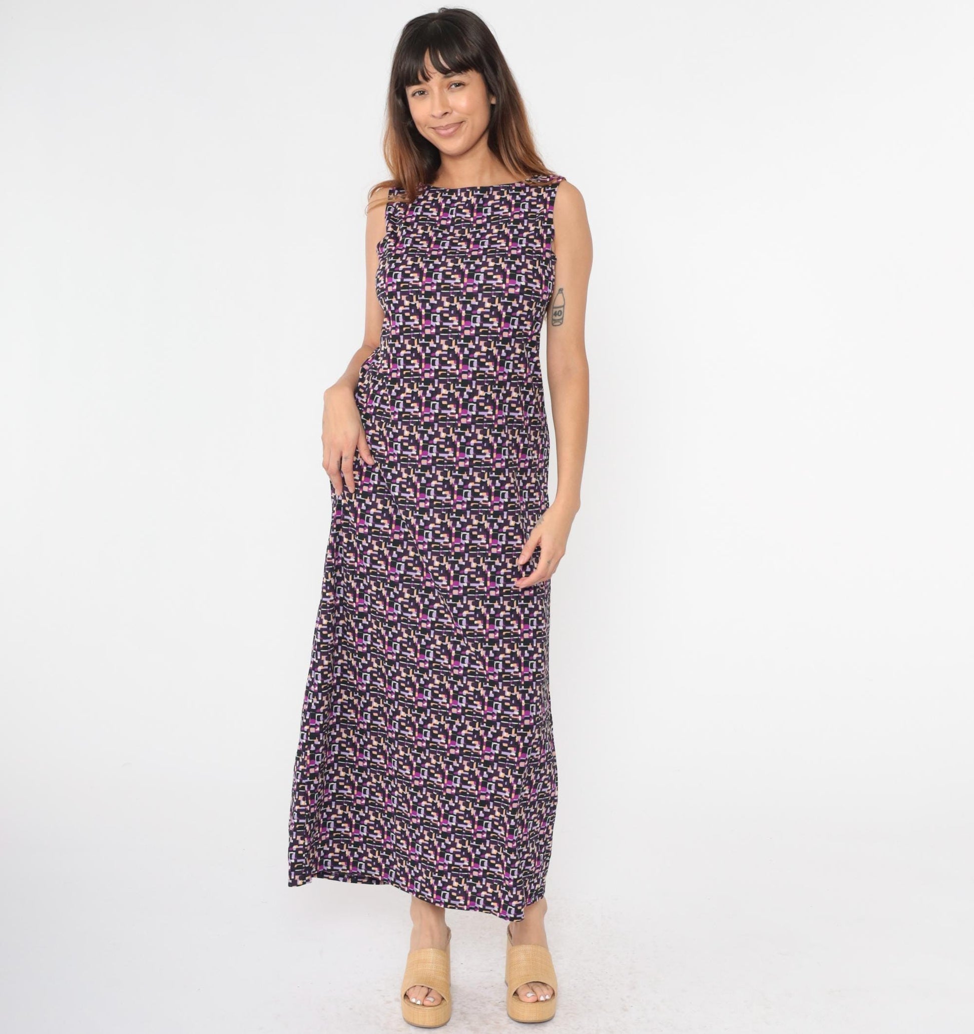 90s Purple Geometric Maxi Shift Dress Sleeveless Medium