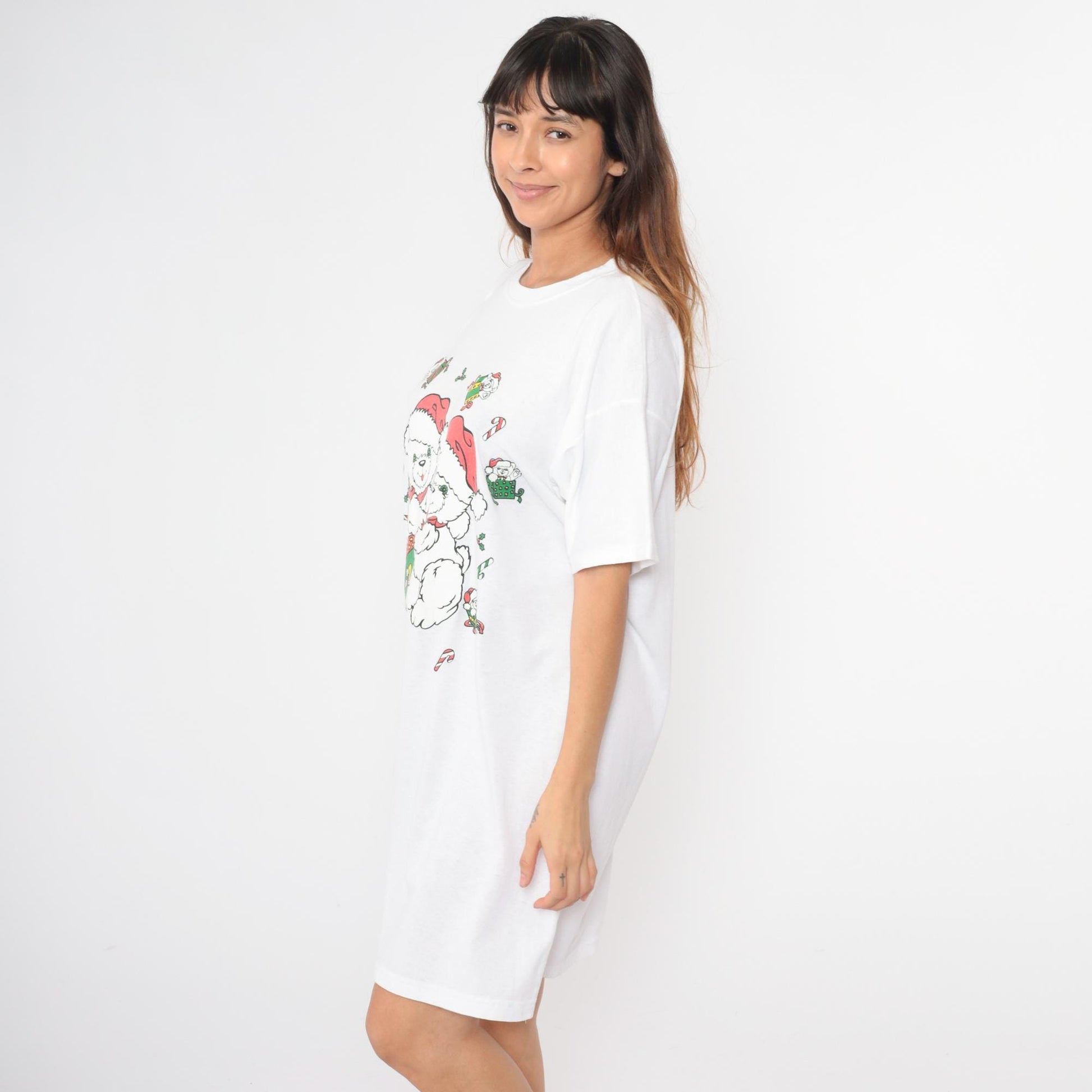 90s Christmas Teddy Bear Graphic T-Shirt Dress White Mini One Size