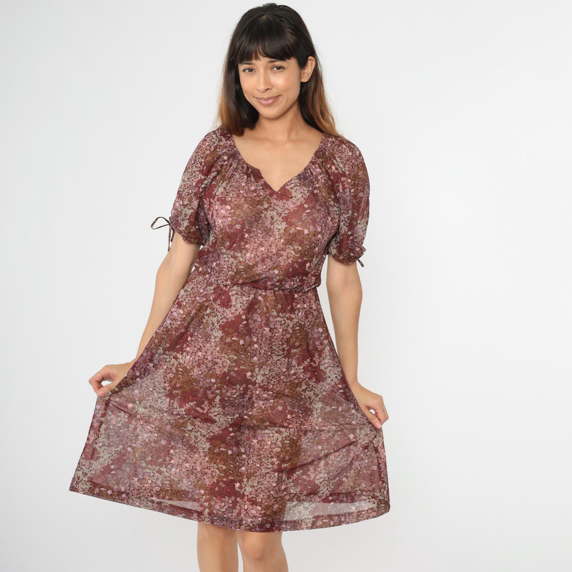 70s Floral Peasant Midi Dress High Waist Puff Sleeve Burgundy Pink Small