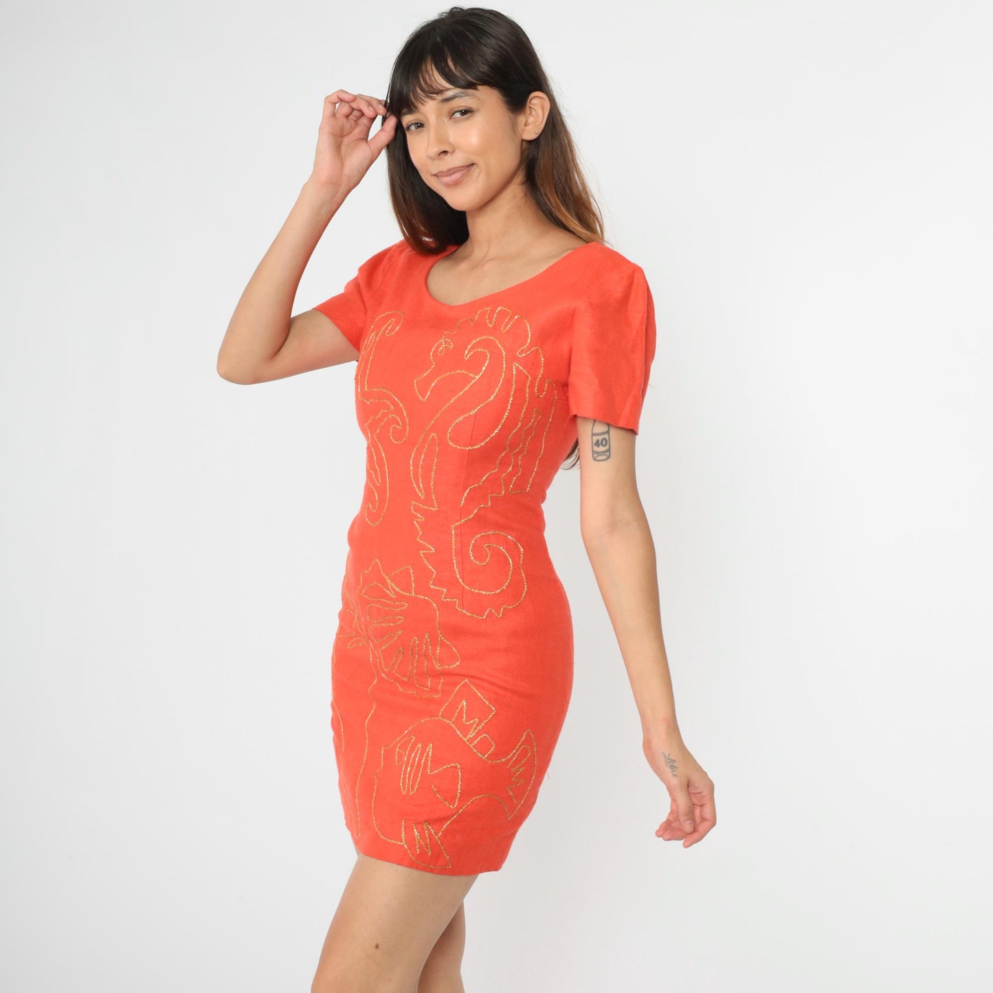 90s SantaFe by Jim Tremblay Linen Mini Dress Orange Sea Life Embroidery Small